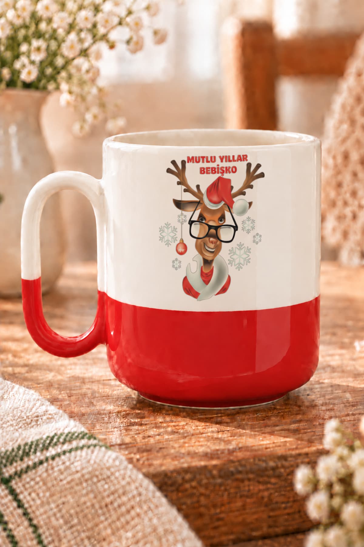 Mutlu Yıllar Bebişko Baskılı Alt Yarısı Renkli Arya Kupa - Yılbaşı Hediyesi Bardak Fincan Mug