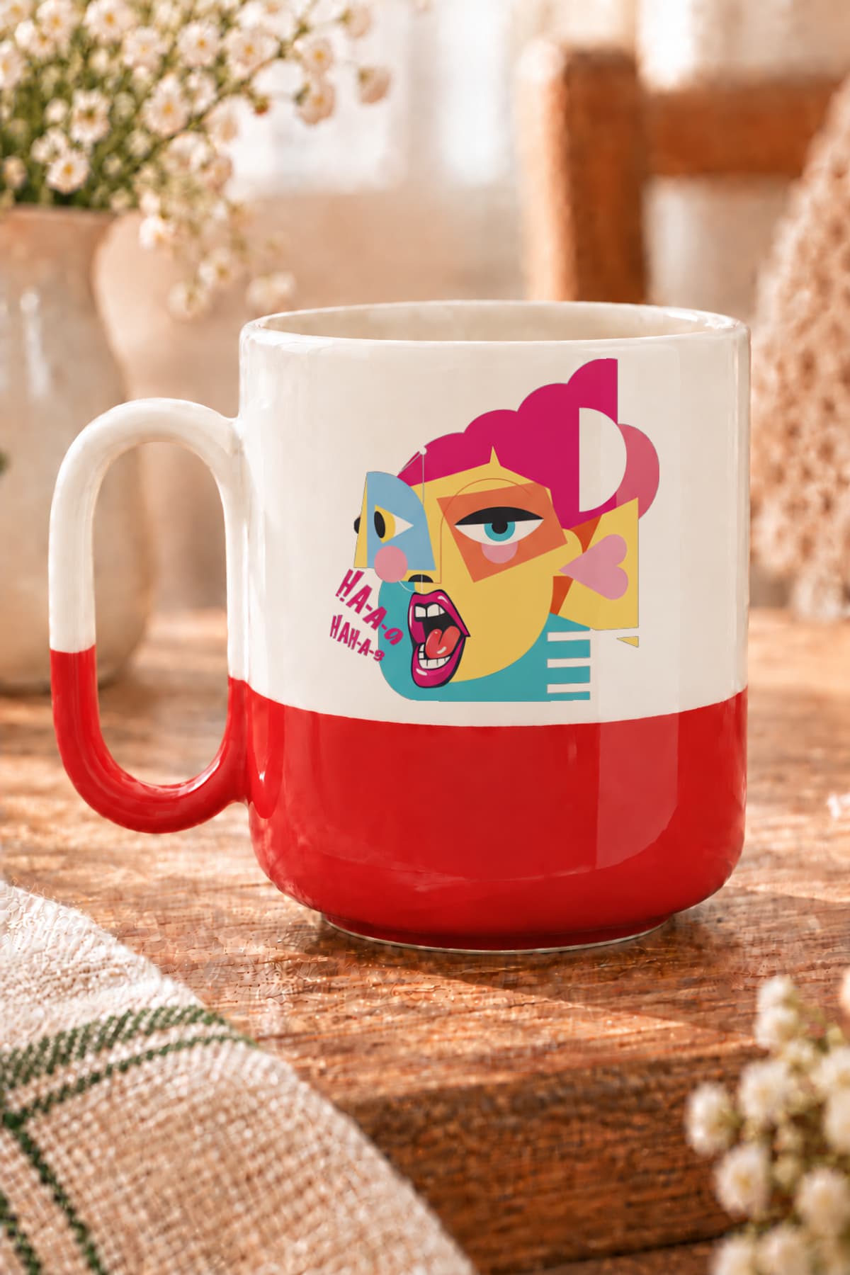 Pembe Çığlık Baskılı Alt Yarısı Renkli Arya Kupa Bardak Fincan Mug