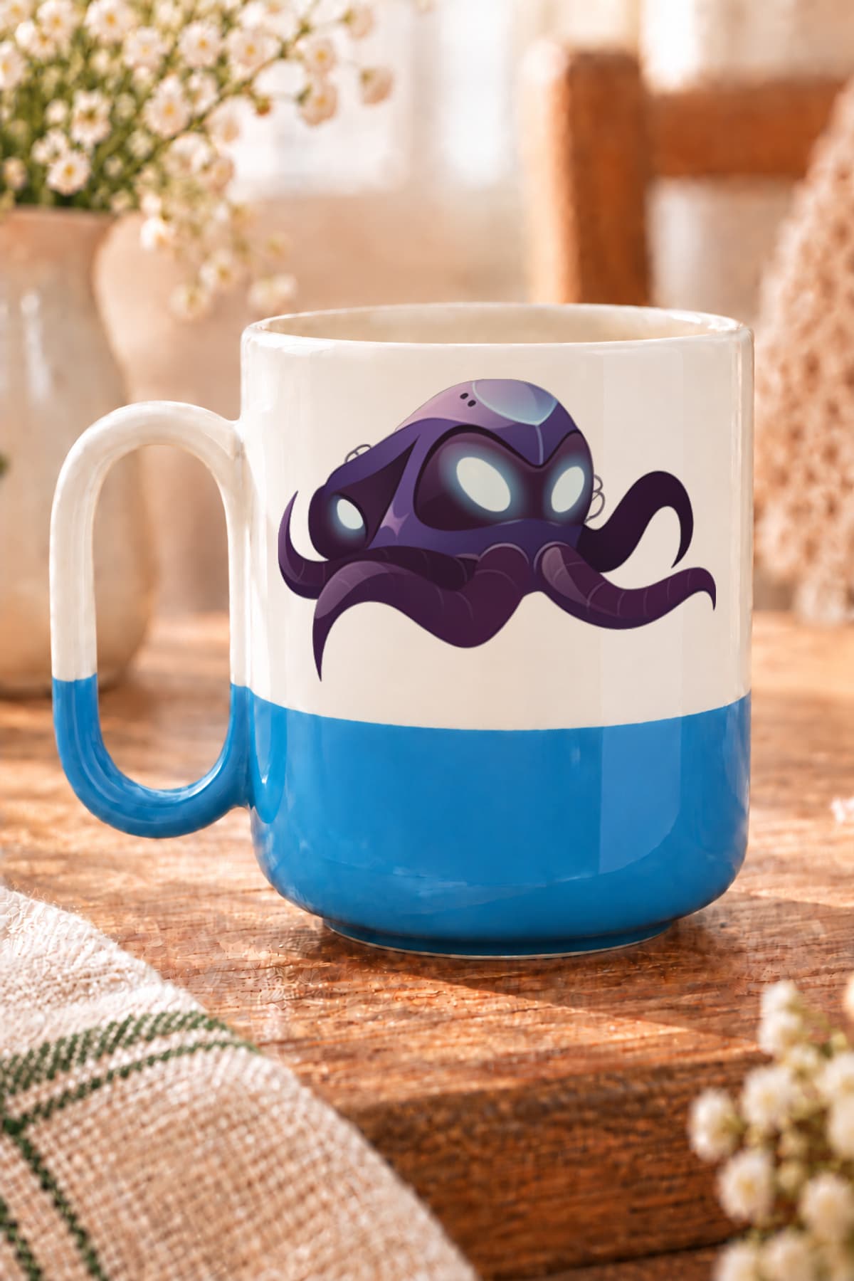 Mor Ahtapot Baskılı Alt Yarısı Renkli Arya Kupa Bardak Fincan Mug