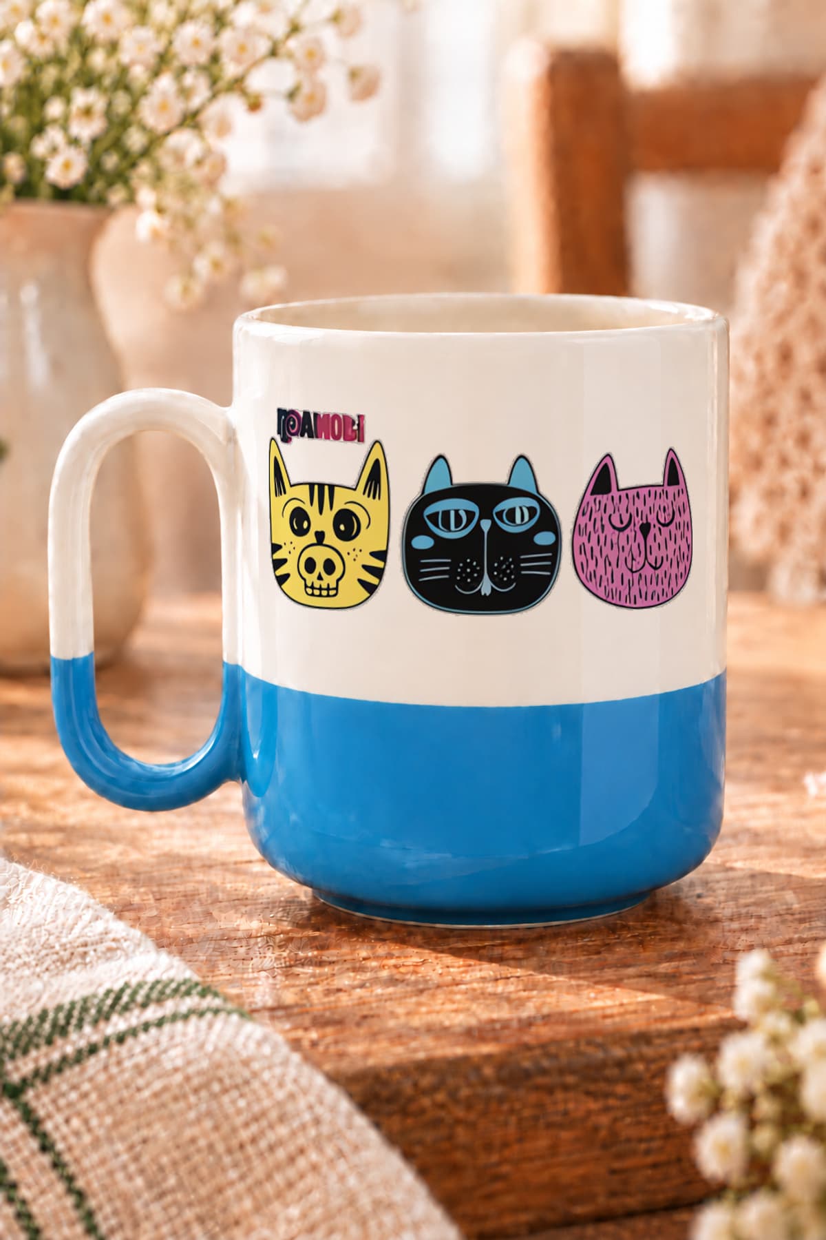 Sarı Mavi Mor Kediler Baskılı Alt Yarısı Renkli Arya Kupa Bardak Fincan Mug