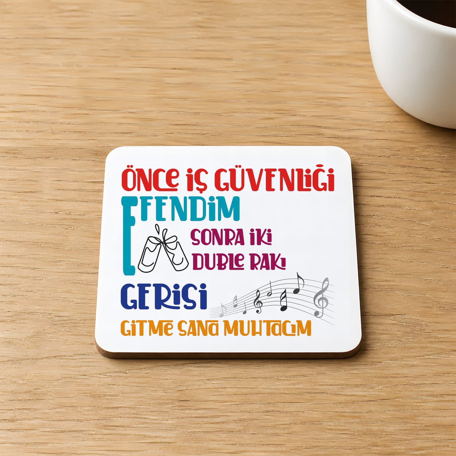 Önce İş Güvenliği Baskılı 9x9 cm Kare MDF Bardak Altlığı Ahşap