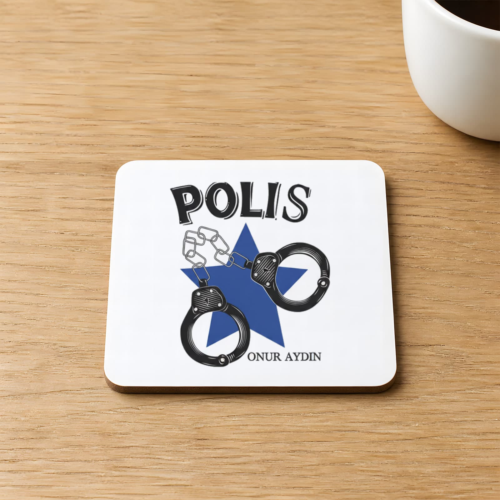 Kişiye Özel Polis Kelepçe Baskılı 9x9 cm Kare MDF Bardak Altlığı - Polise Hediye Ahşap