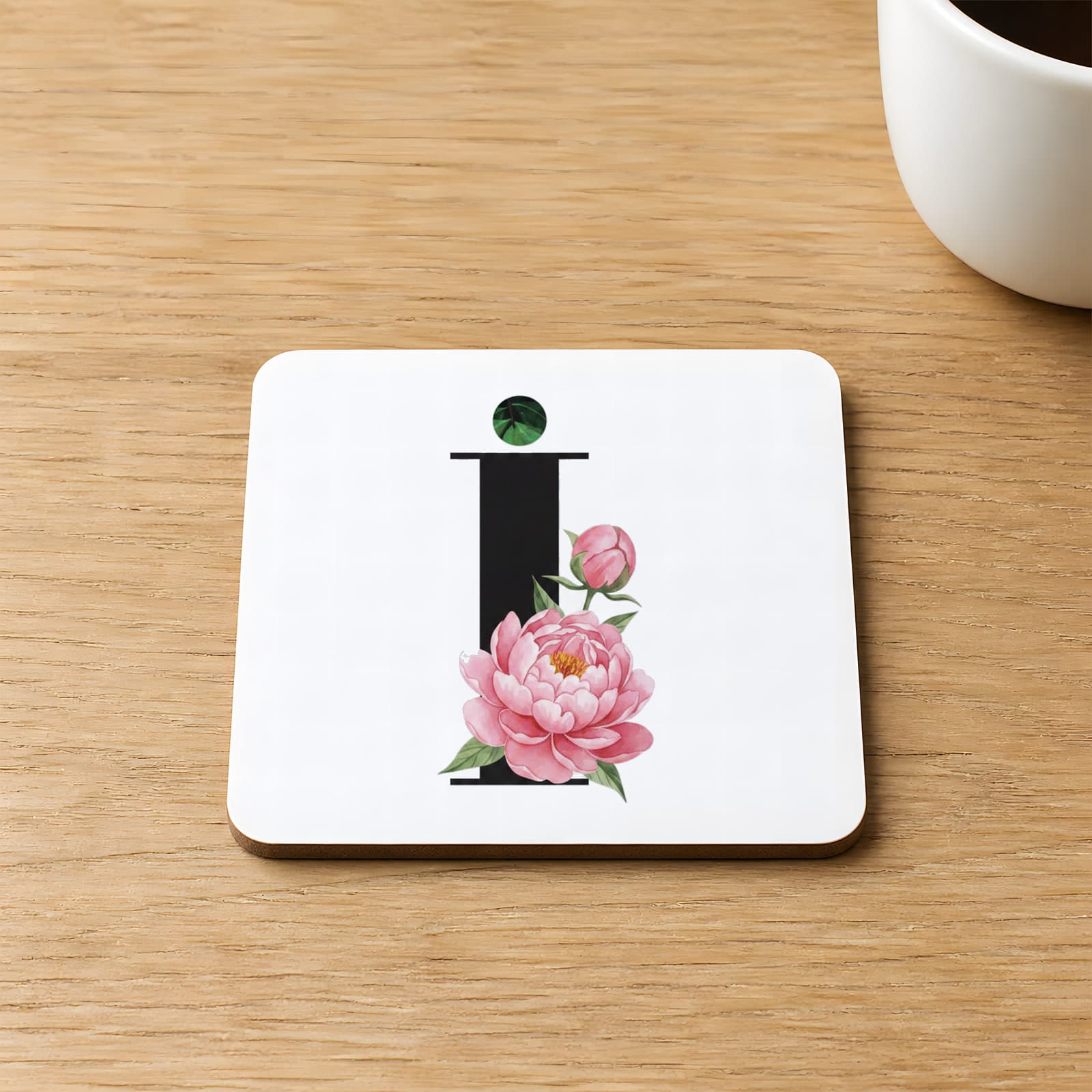 Çiçekli İ Harf Baskılı 9x9 cm Kare MDF Bardak Altlığı Ahşap