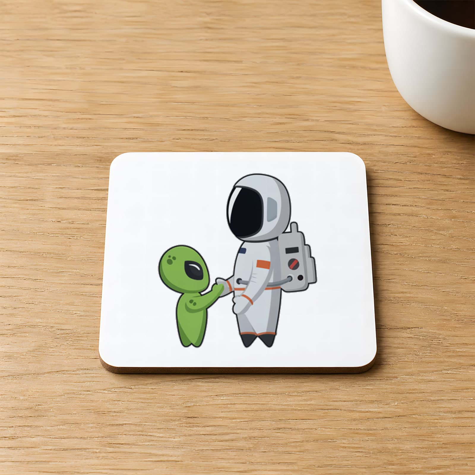 Astronot ve Uzaylı Selam Baskılı 9x9 cm Kare MDF Bardak Altlığı Ahşap