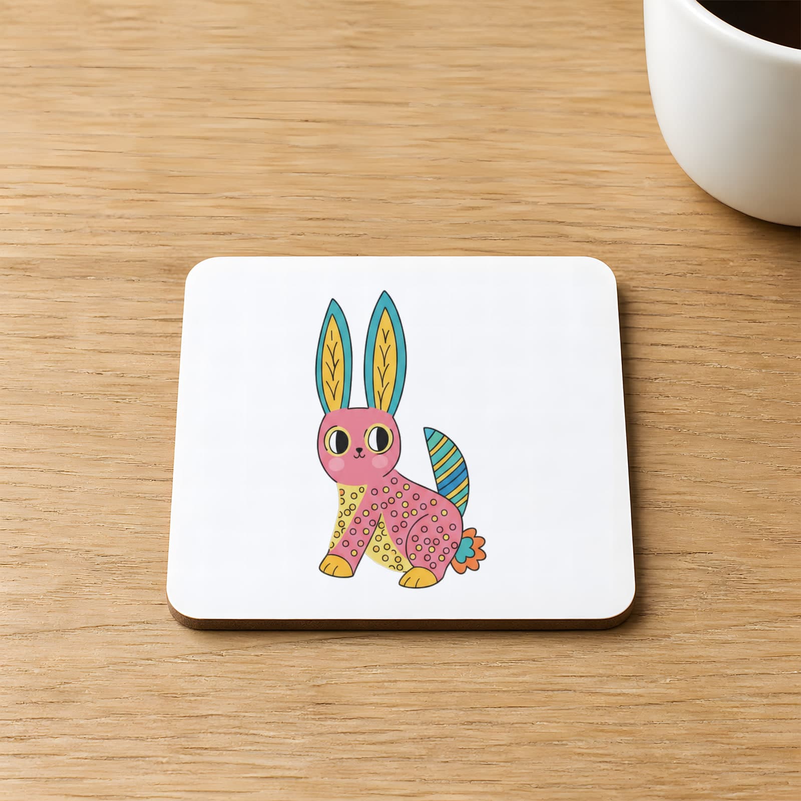 Latte Fincanı Tavşan Baskılı 9x9 cm Kare MDF Bardak Altlığı Ahşap