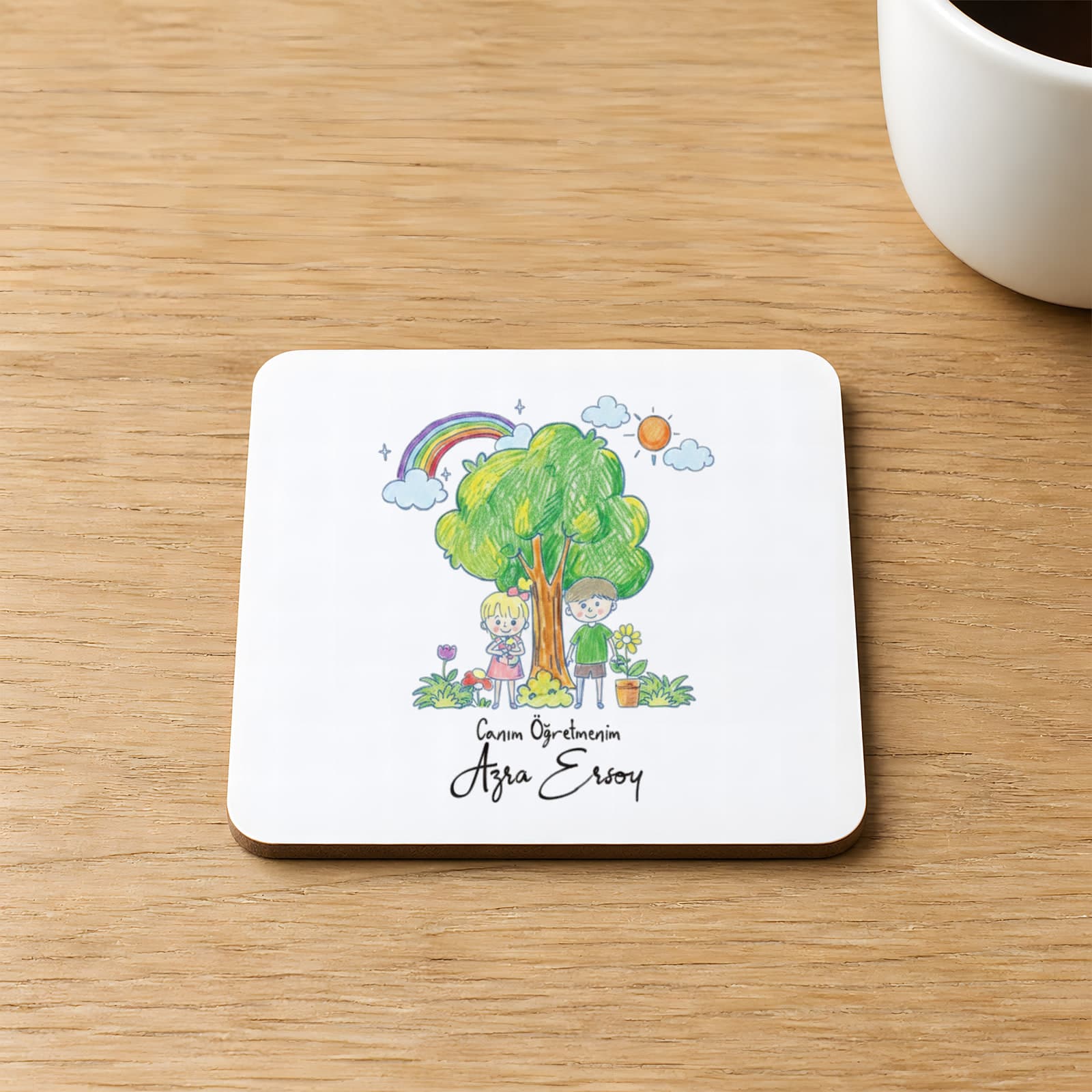Kişiye Özel Canım Öğretmenim Resimli Baskılı 9x9 cm Kare MDF Bardak Altlığı - Öğretmene Hediye Ahşap