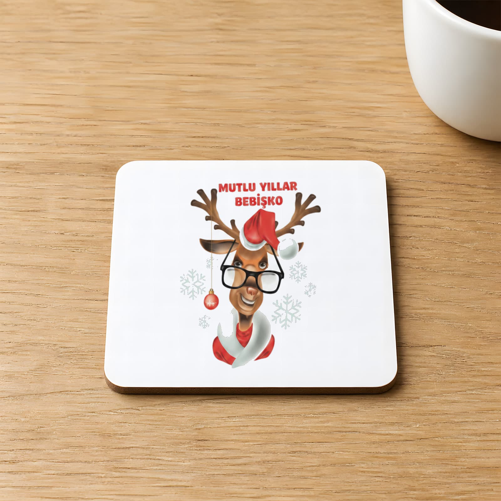 Mutlu Yıllar Bebişko Baskılı 9x9 cm Kare MDF Bardak Altlığı - Yılbaşı Hediyesi Ahşap