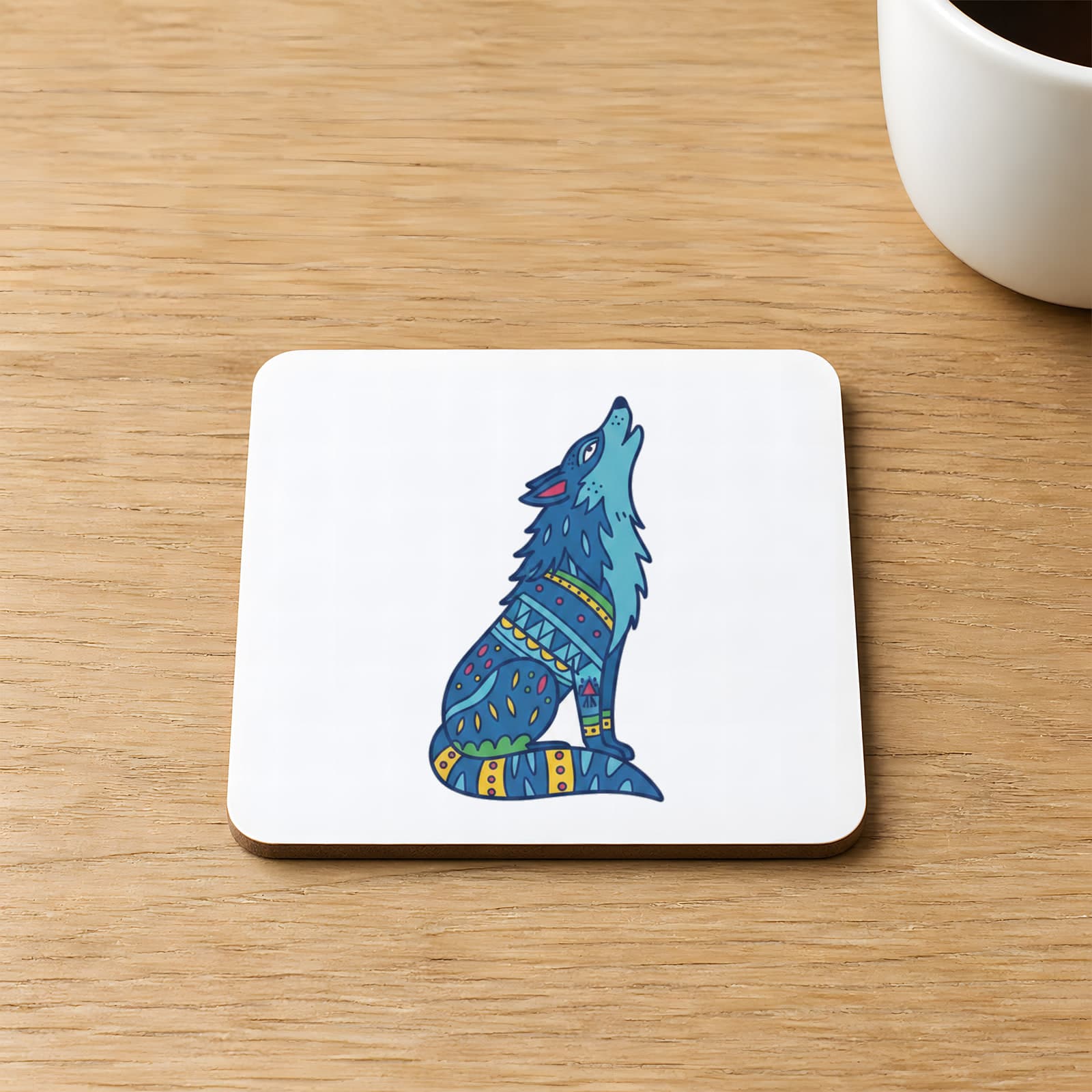 Mavi Kurt Baskılı 9x9 cm Kare MDF Bardak Altlığı Ahşap