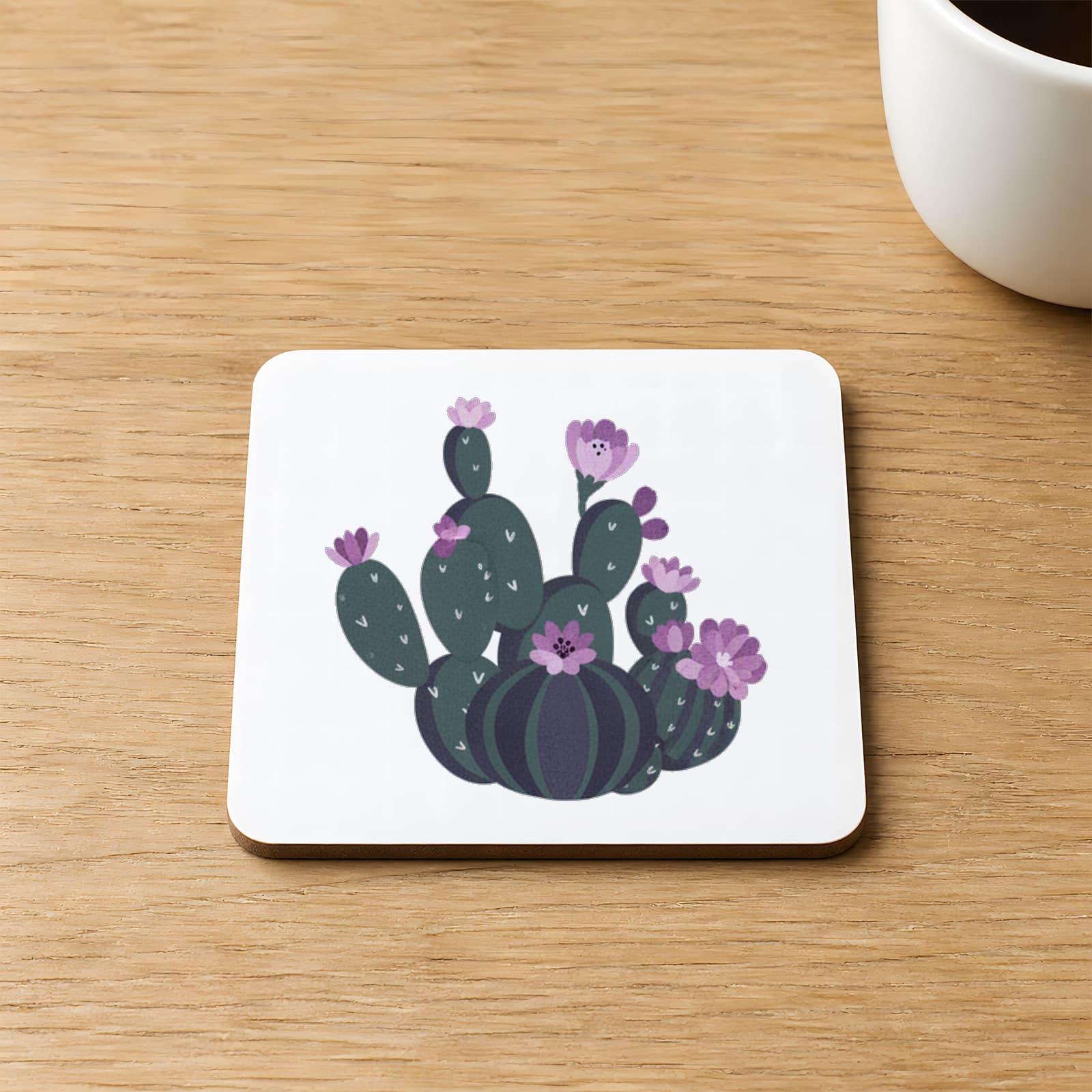 Mor Çiçekli Kaktüs Baskılı 9x9 cm Kare MDF Bardak Altlığı Ahşap