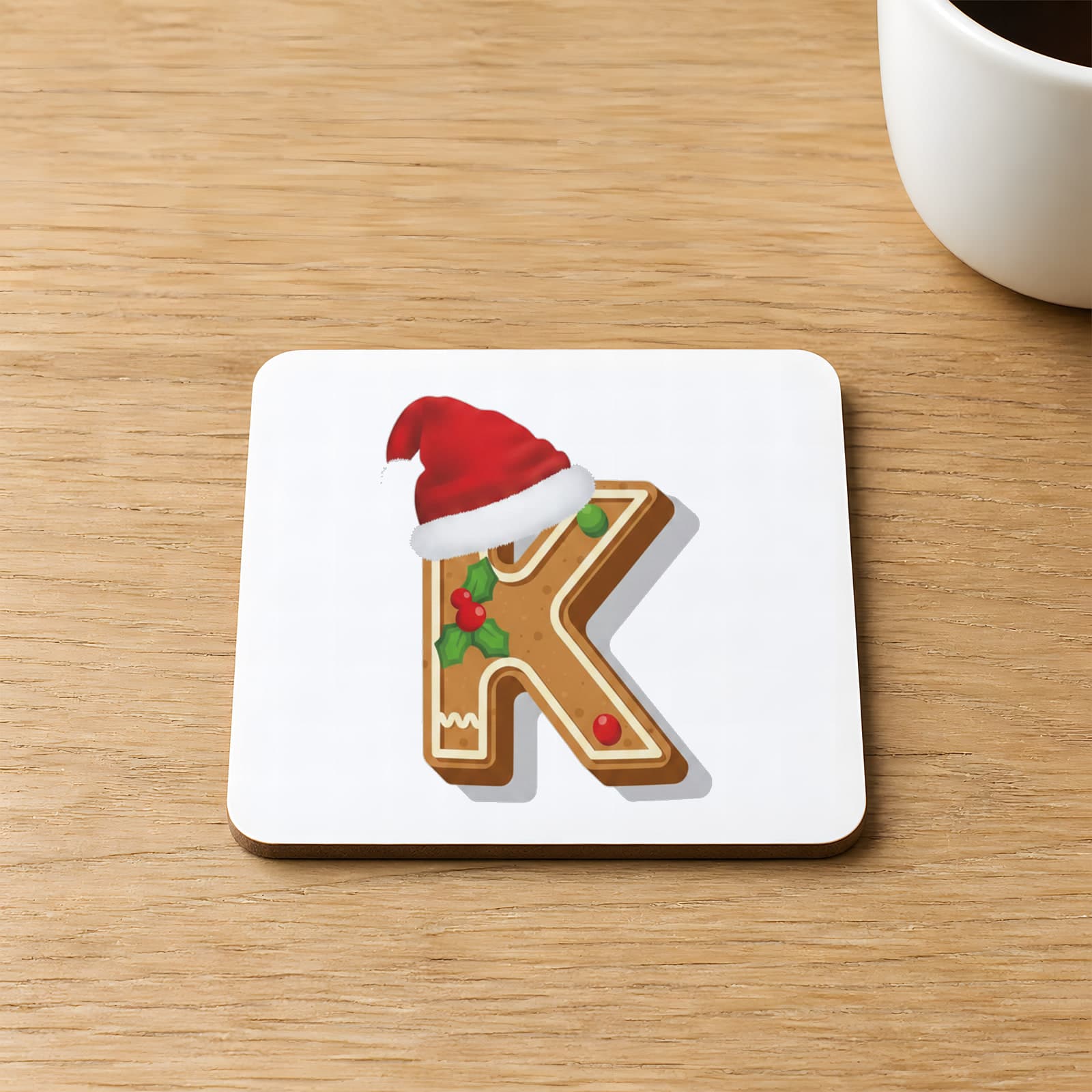 Kurabiye K Harfi Baskılı 9x9 cm Kare MDF Bardak Altlığı Ahşap