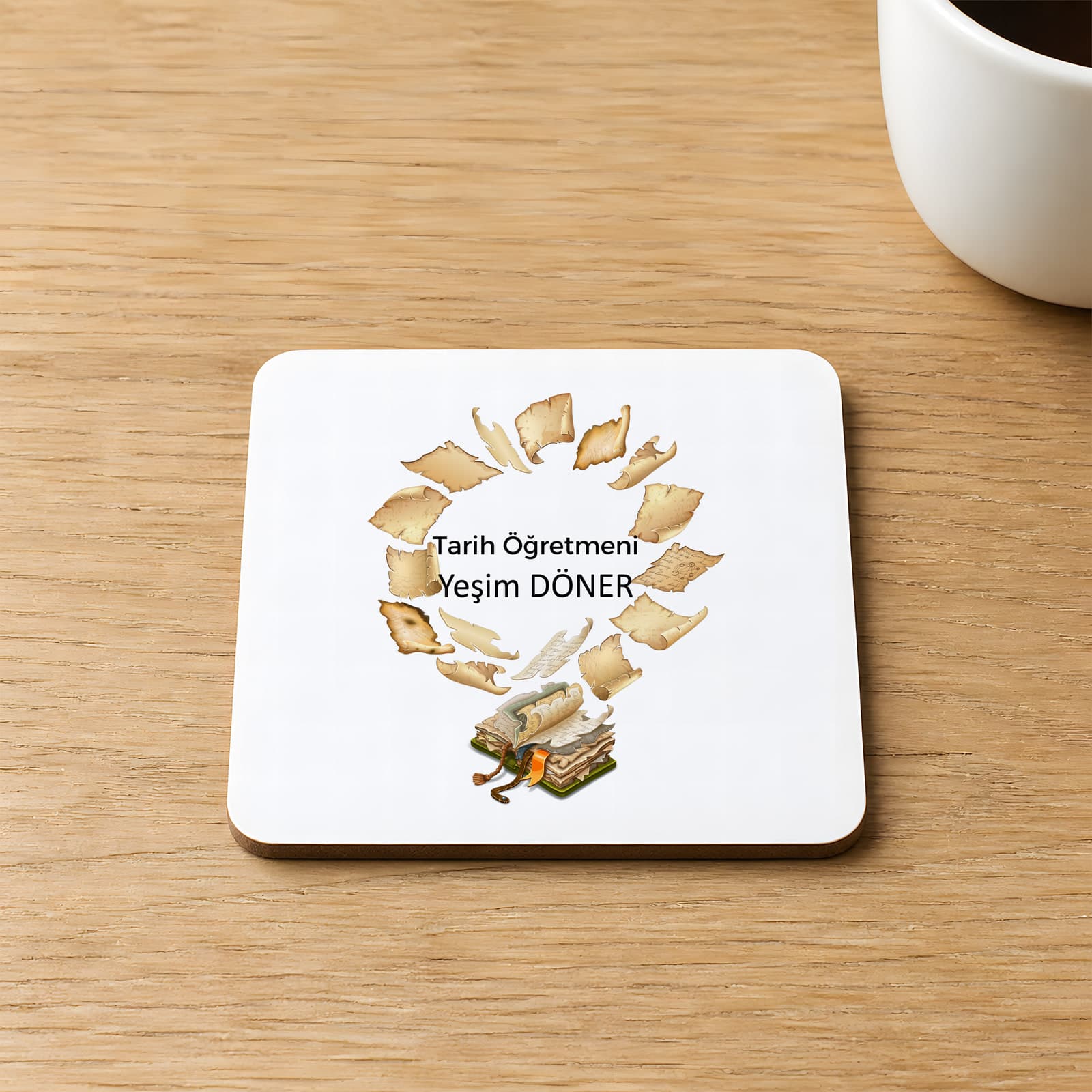 Kişiye Özel Tarih Öğretmeni Baskılı 9x9 cm Kare MDF Bardak Altlığı - Öğretmene Hediye Ahşap