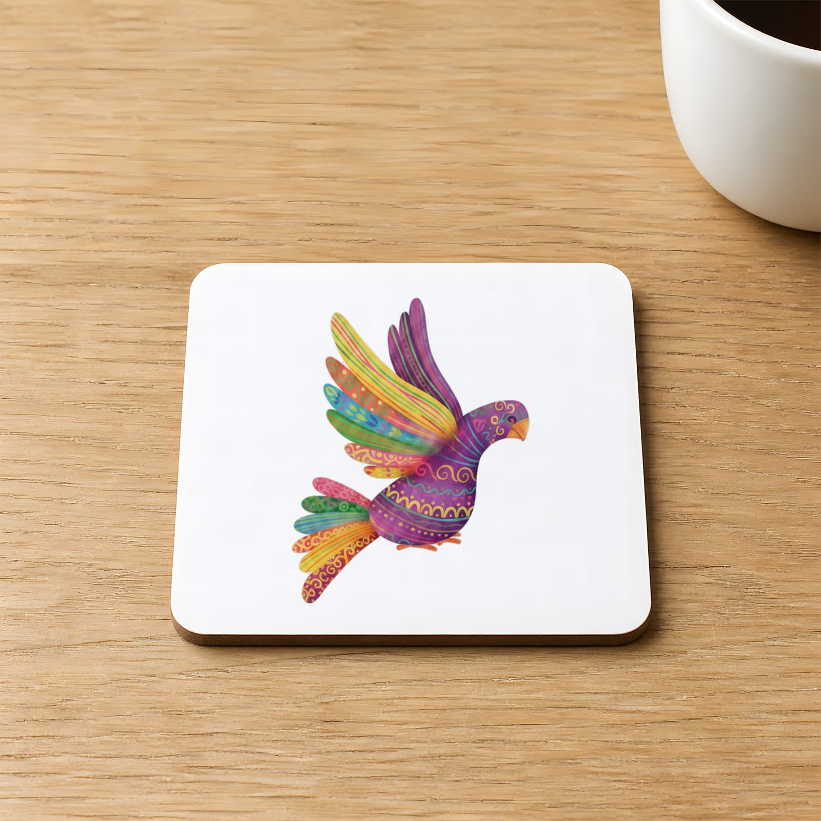 Renkli Kanatlı Kuş Baskılı 9x9 cm Kare MDF Bardak Altlığı Ahşap