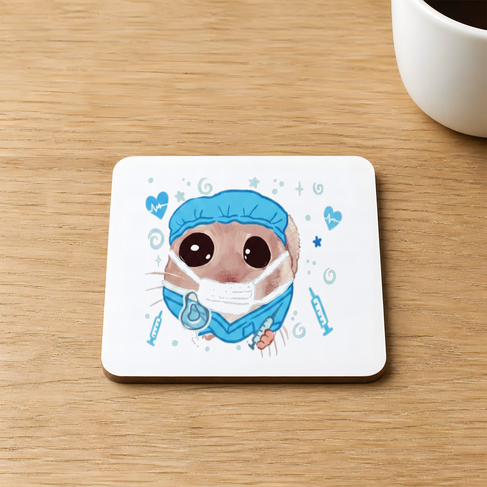 Sad Üzgün Hamster Anestezist Baskılı 9x9 cm Kare MDF Bardak Altlığı - Anesteziste Hediye Ahşap