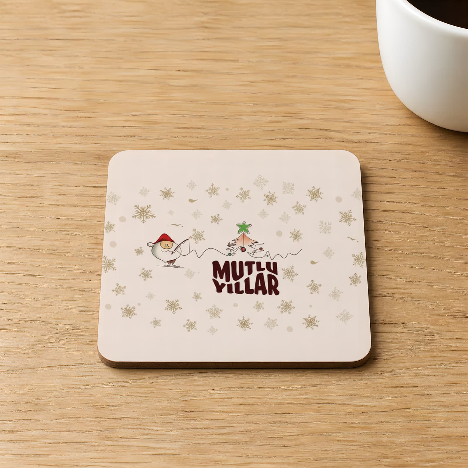 Mutlu Yıllar Kar Taneleri Baskılı 9x9 cm Kare MDF Bardak Altlığı - Yılbaşı Hediyesi Ahşap