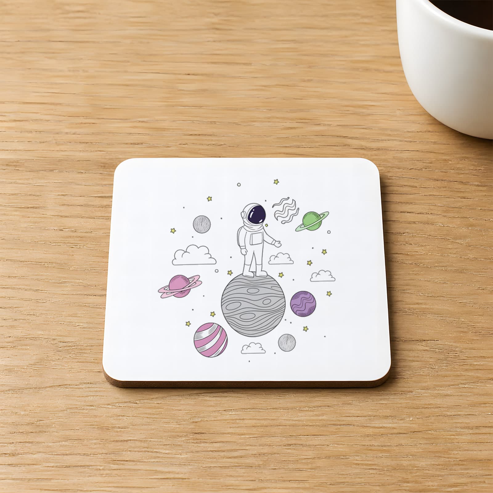 Gezegenler ve Astronot Baskılı 9x9 cm Kare MDF Bardak Altlığı Ahşap