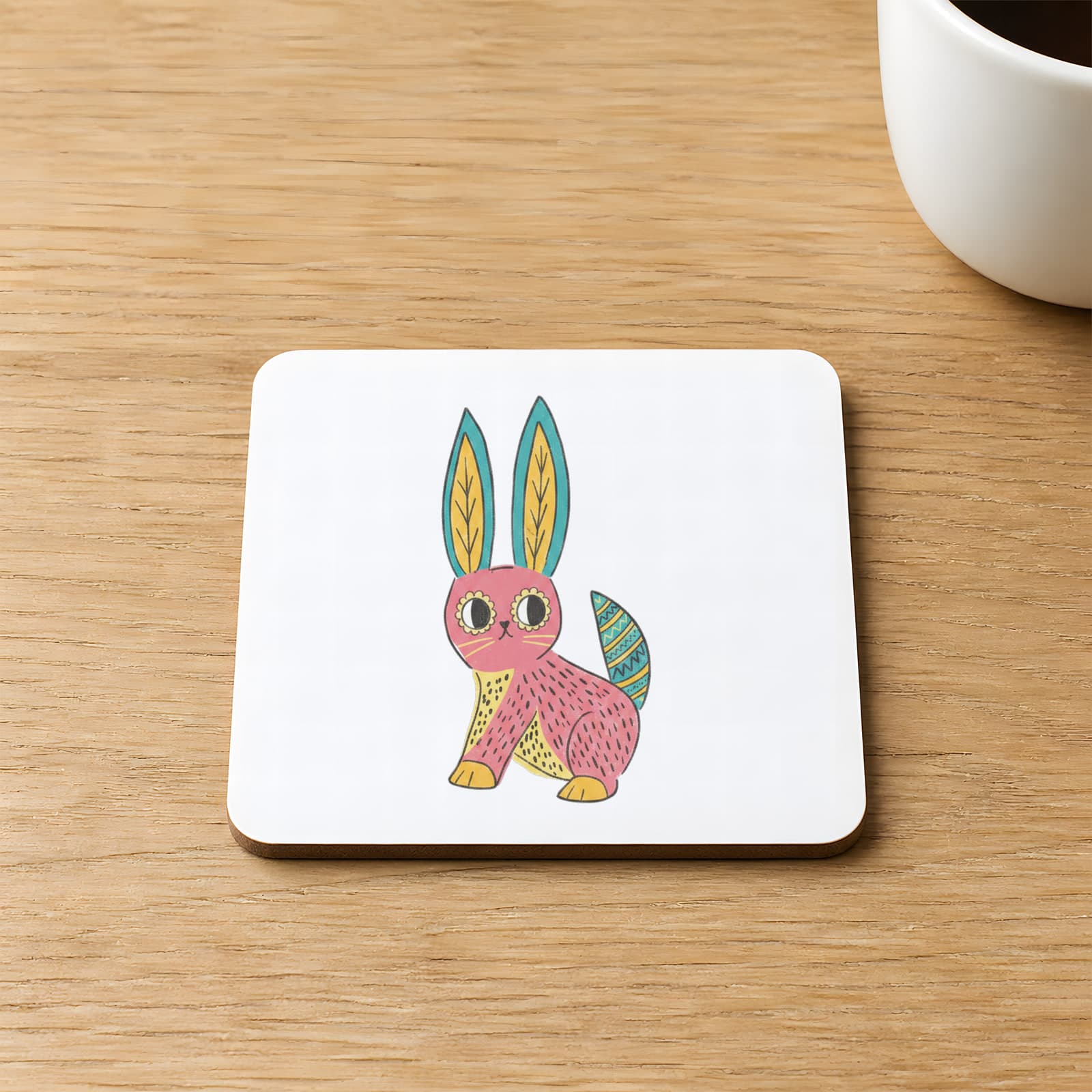 Tavşan Baskılı 9x9 cm Kare MDF Bardak Altlığı Ahşap