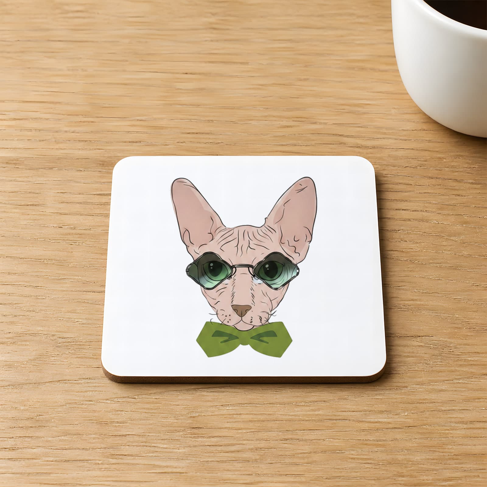 Gözlüklü Yeşil Papyonlu Kedi Baskılı 9x9 cm Kare MDF Bardak Altlığı Ahşap
