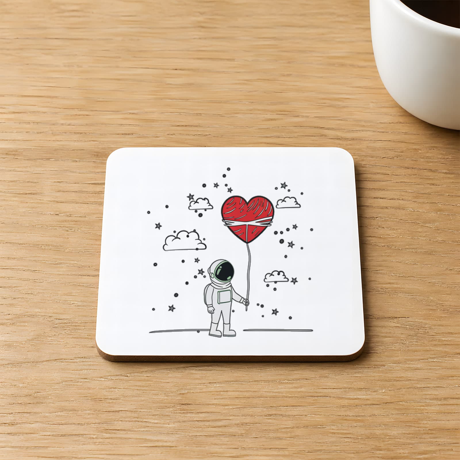 Kalpli Balonlu Astronot Baskılı 9x9 cm Kare MDF Bardak Altlığı Ahşap
