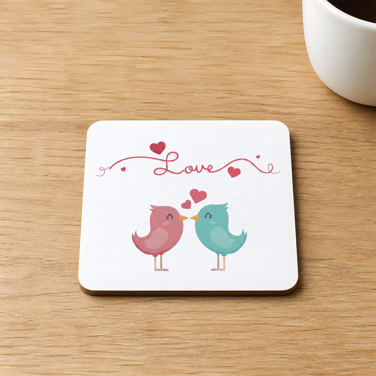 Love Kuşlar Baskılı 9x9 cm Kare MDF Bardak Altlığı Ahşap