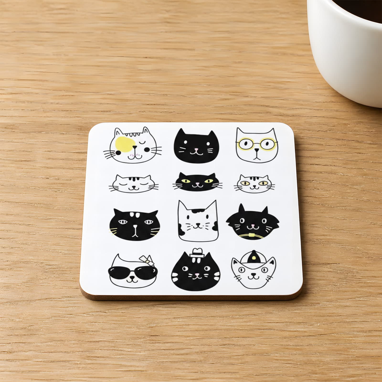 9 Lu Kediler Baskılı 9x9 cm Kare MDF Bardak Altlığı Ahşap