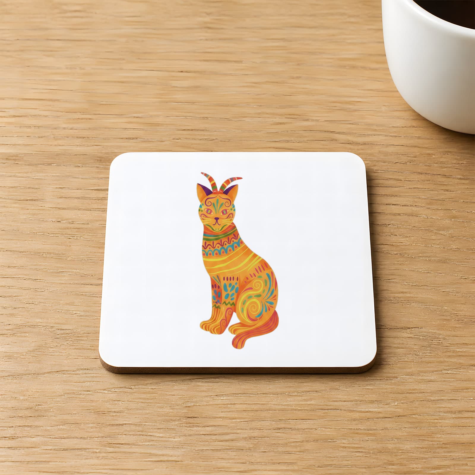 Sarı Kedi Baskılı 9x9 cm Kare MDF Bardak Altlığı Ahşap