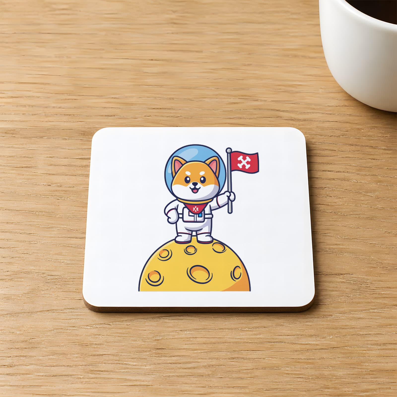Astronot Kedi Baskılı 9x9 cm Kare MDF Bardak Altlığı Ahşap