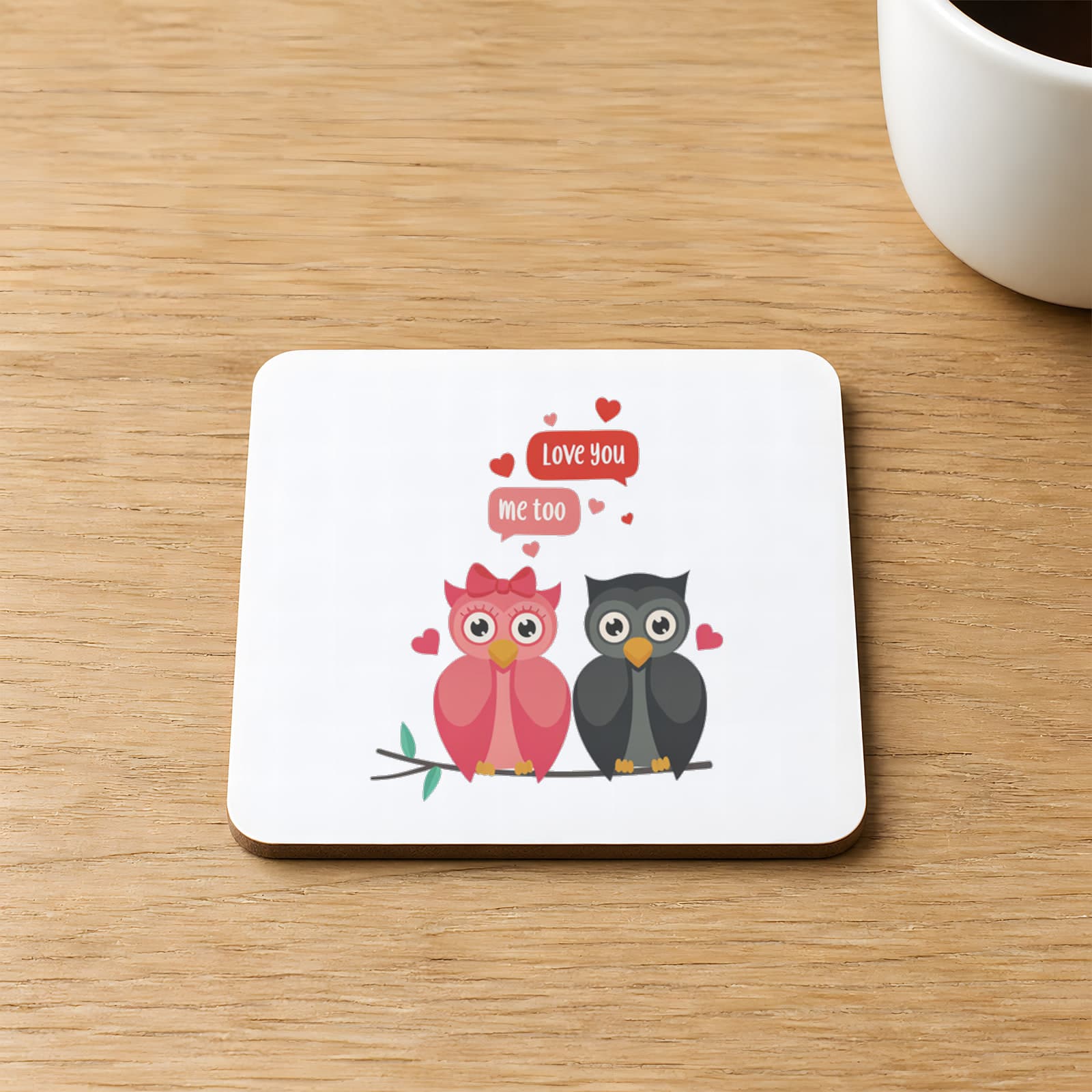 Love You Kuşlar Baskılı 9x9 cm Kare MDF Bardak Altlığı Ahşap