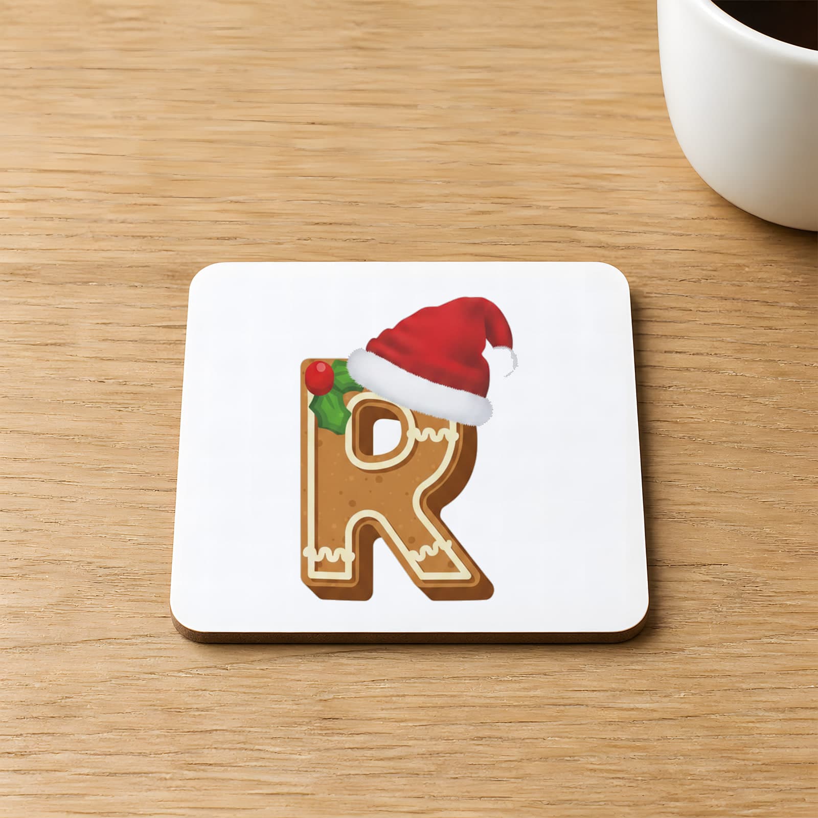 Kurabiye R Harfi Baskılı 9x9 cm Kare MDF Bardak Altlığı Ahşap