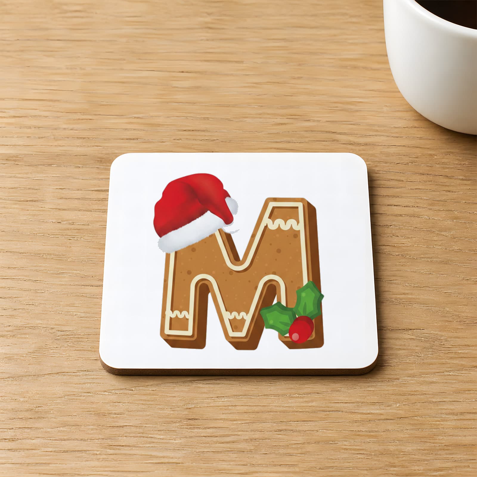 Kurabiye M Harfi Baskılı 9x9 cm Kare MDF Bardak Altlığı Ahşap