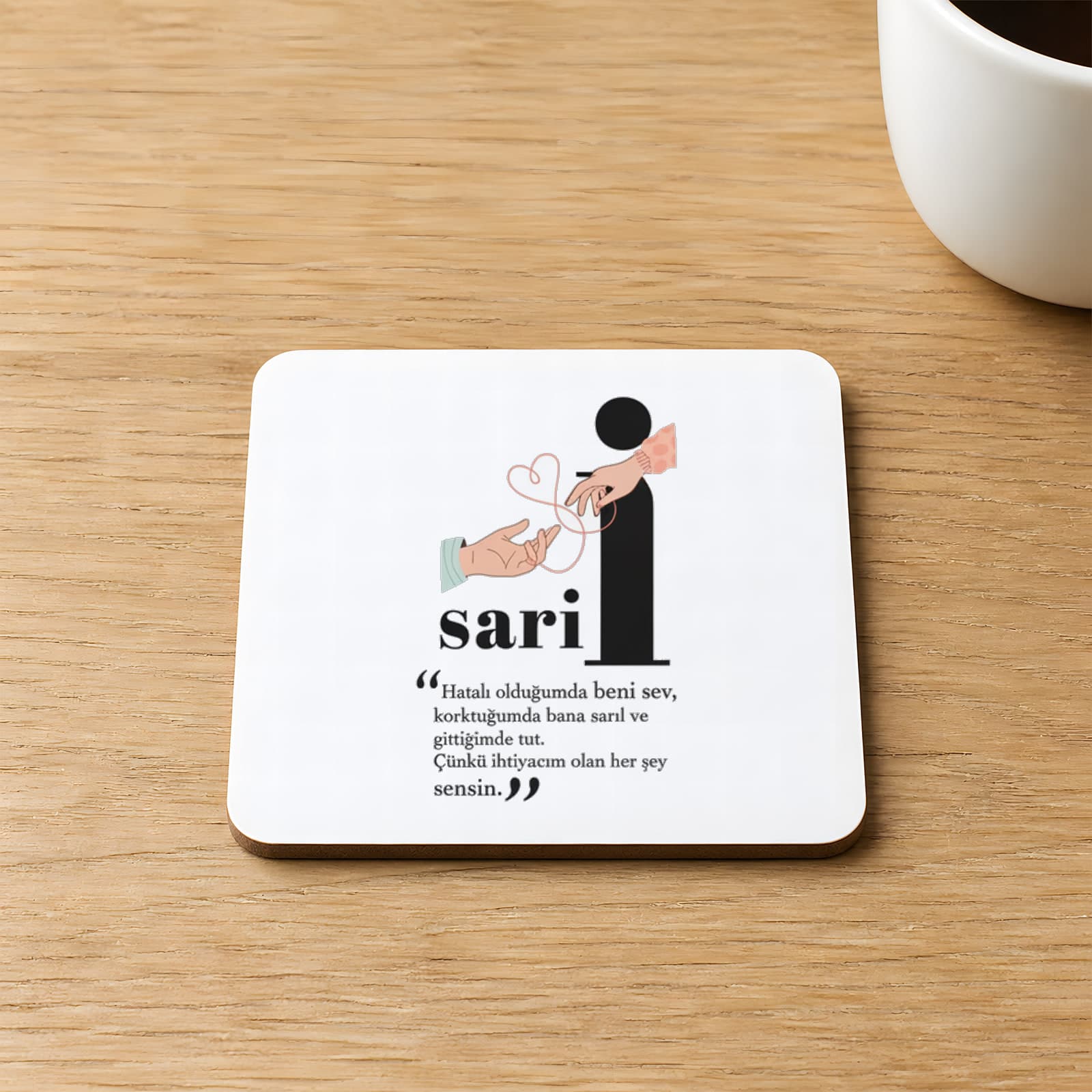 Sarıl Baskılı 9x9 cm Kare MDF Bardak Altlığı Ahşap