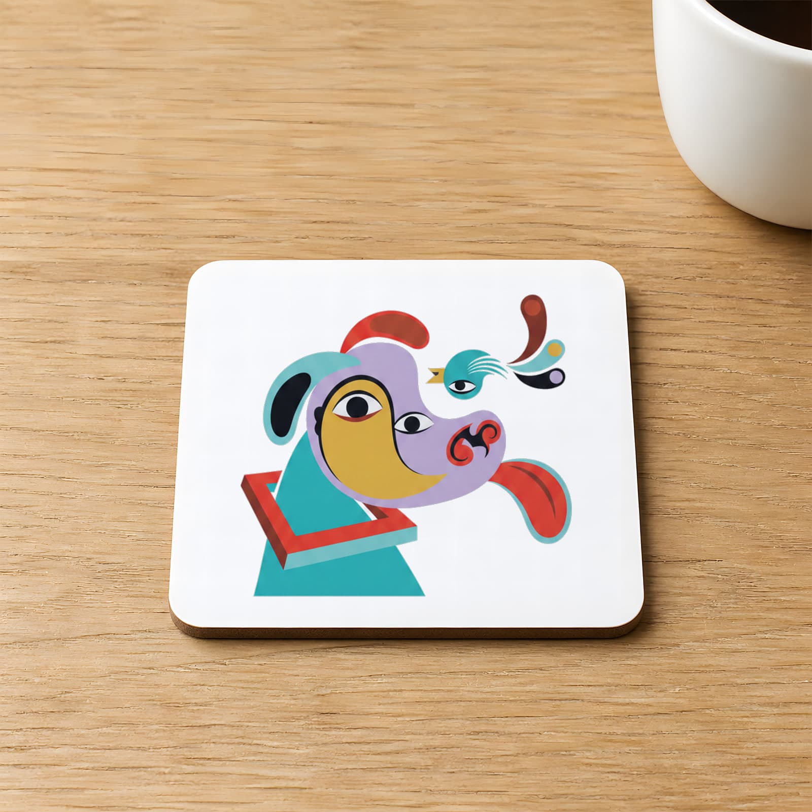 Köpek ve Kuş Baskılı 9x9 cm Kare MDF Bardak Altlığı Ahşap