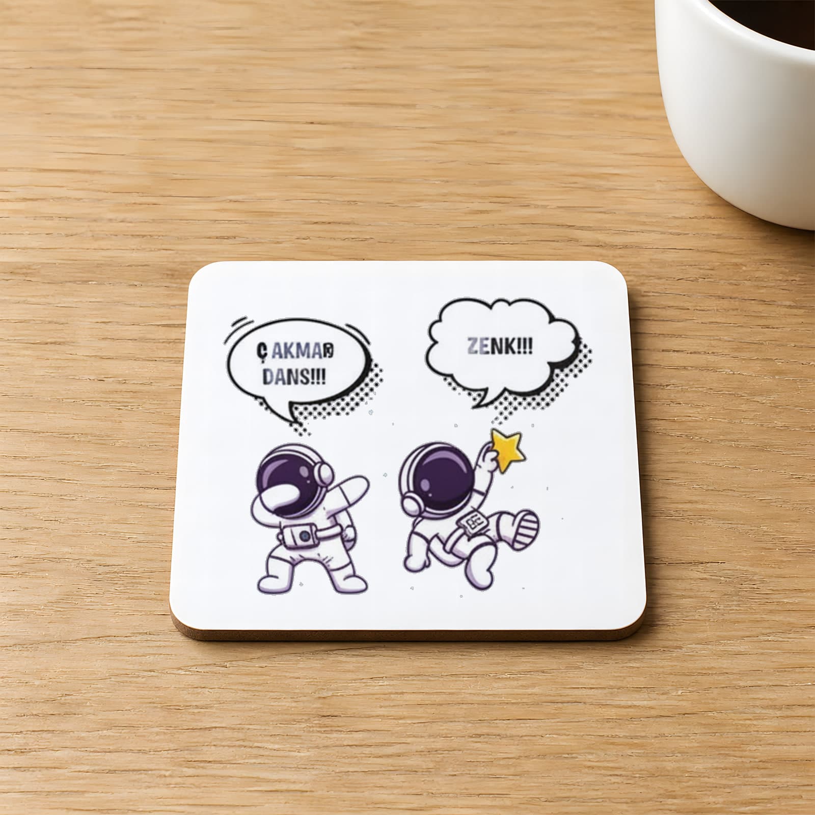 Astronot Dans Renk Baskılı 9x9 cm Kare MDF Bardak Altlığı Ahşap