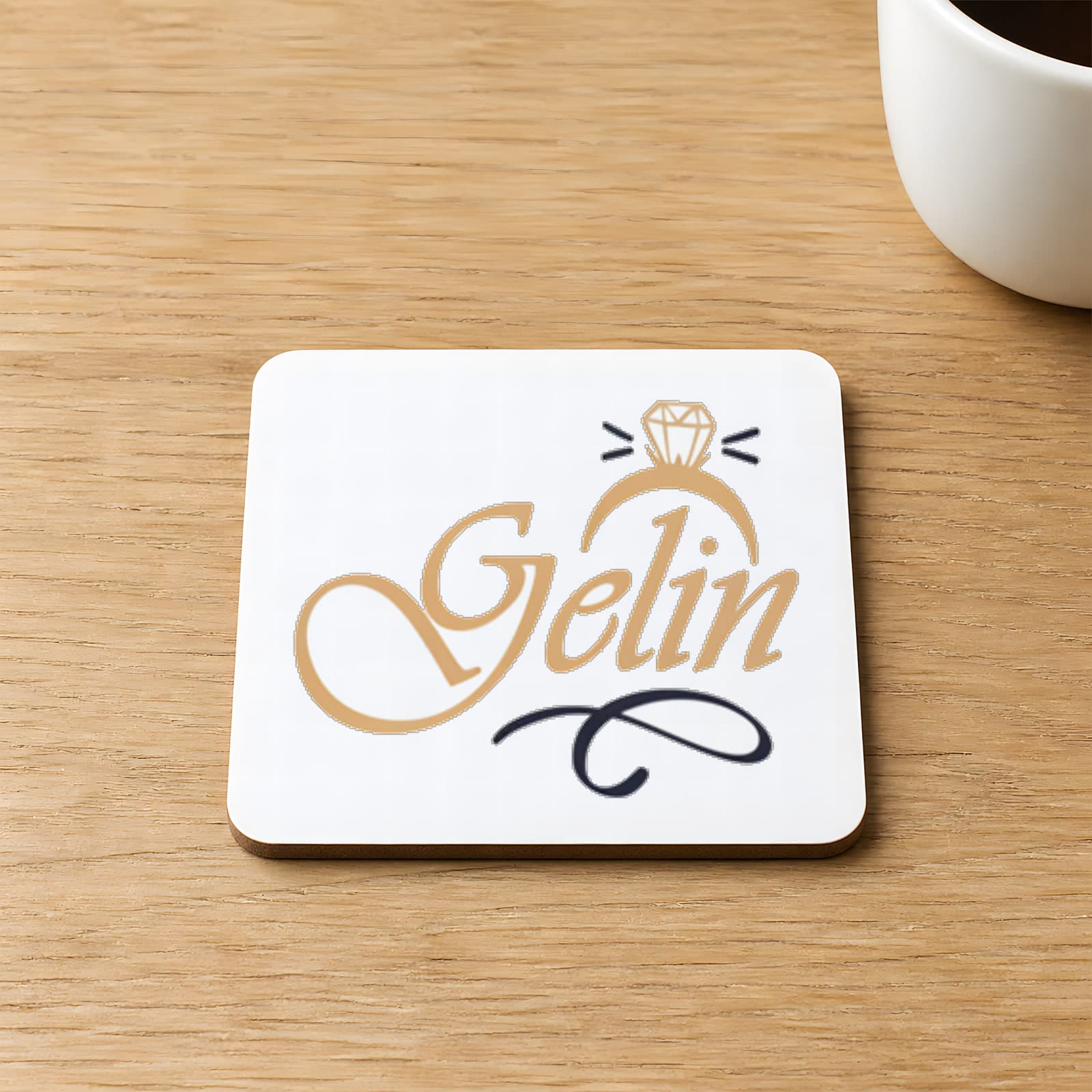 Gelin Yüzük Yazı Baskılı 9x9 cm Kare MDF Bardak Altlığı Ahşap