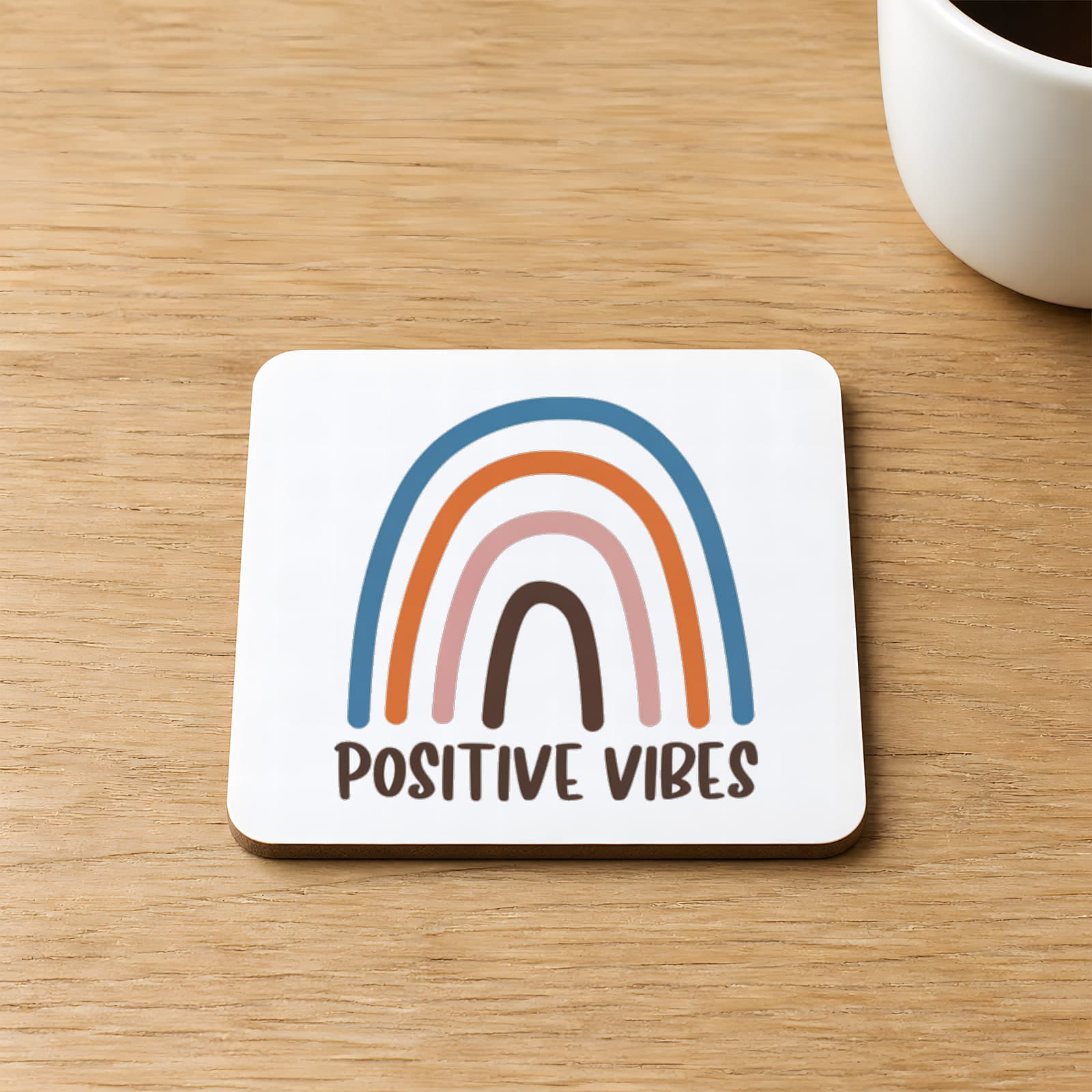 Positive Vibes Baskılı 9x9 cm Kare MDF Bardak Altlığı Ahşap