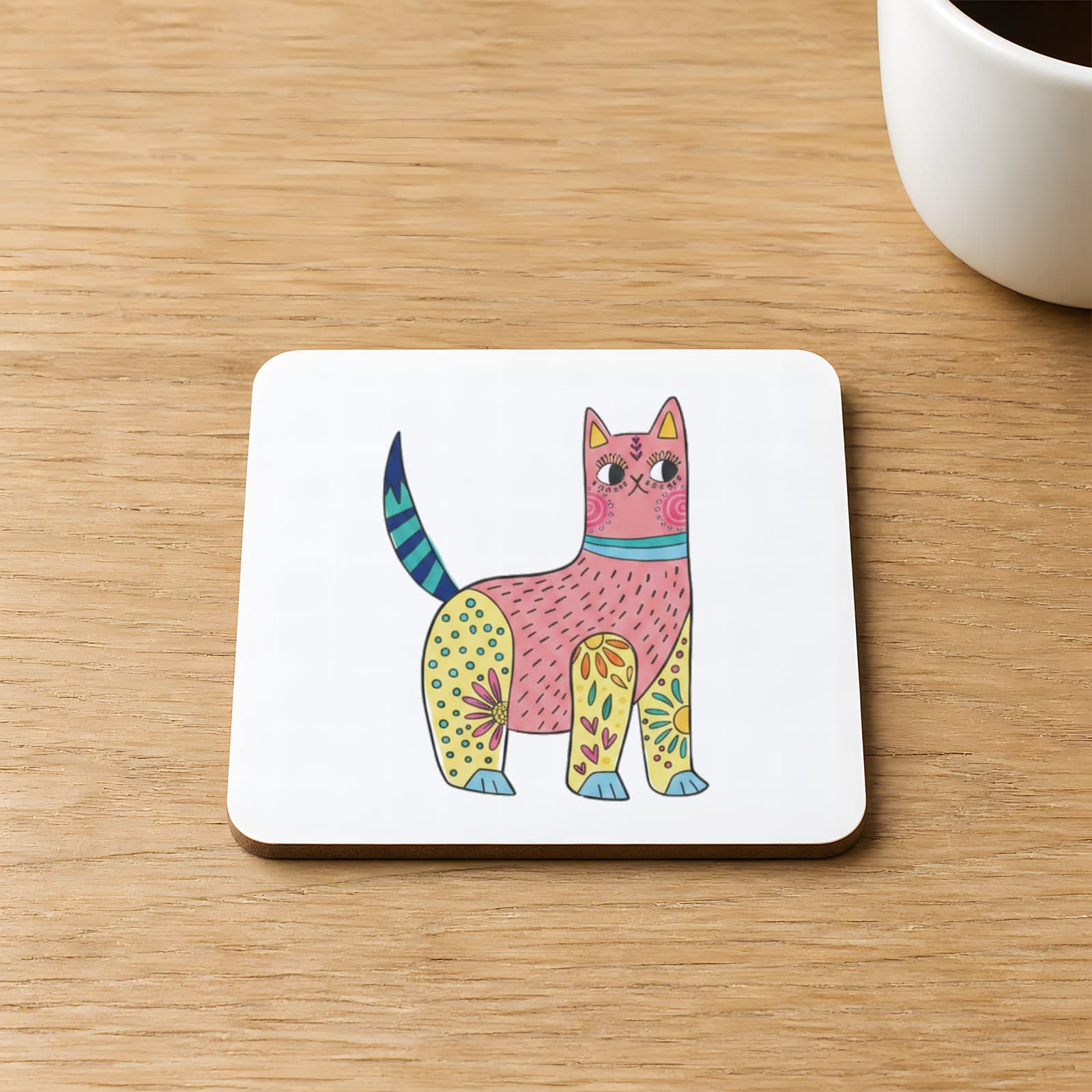 Renkli Kedi Baskılı 9x9 cm Kare MDF Bardak Altlığı Ahşap