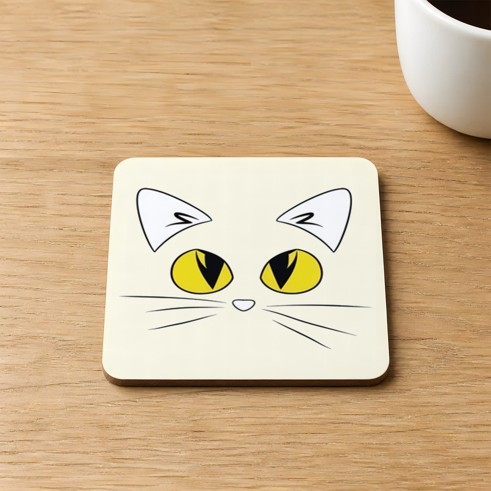 Sarı Göz Kedi Baskılı 9x9 cm Kare MDF Bardak Altlığı Ahşap