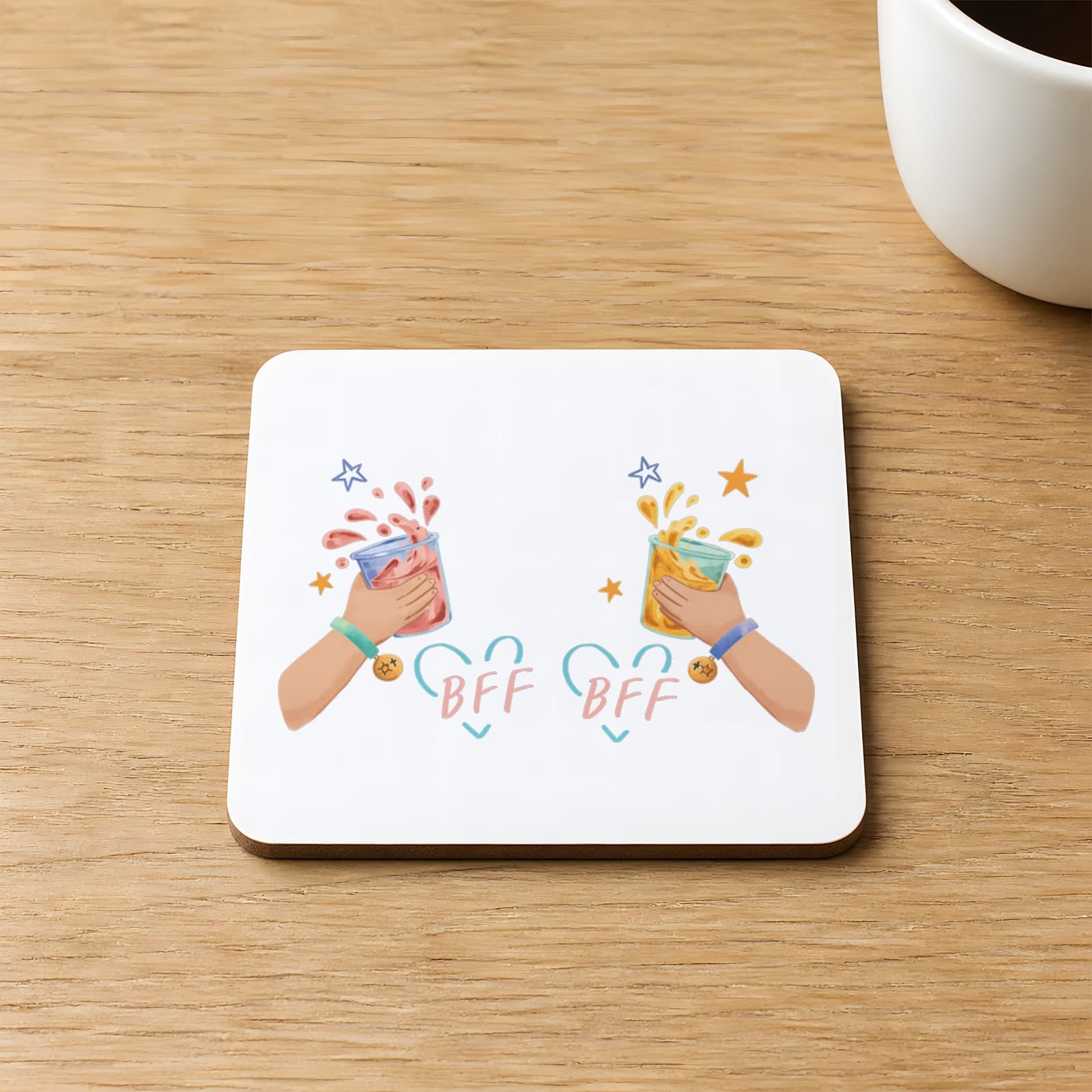 Best Friends Forever Bff Içecekli Baskılı 9x9 cm Kare MDF Bardak Altlığı - Arkadaşa Hediye Ahşap