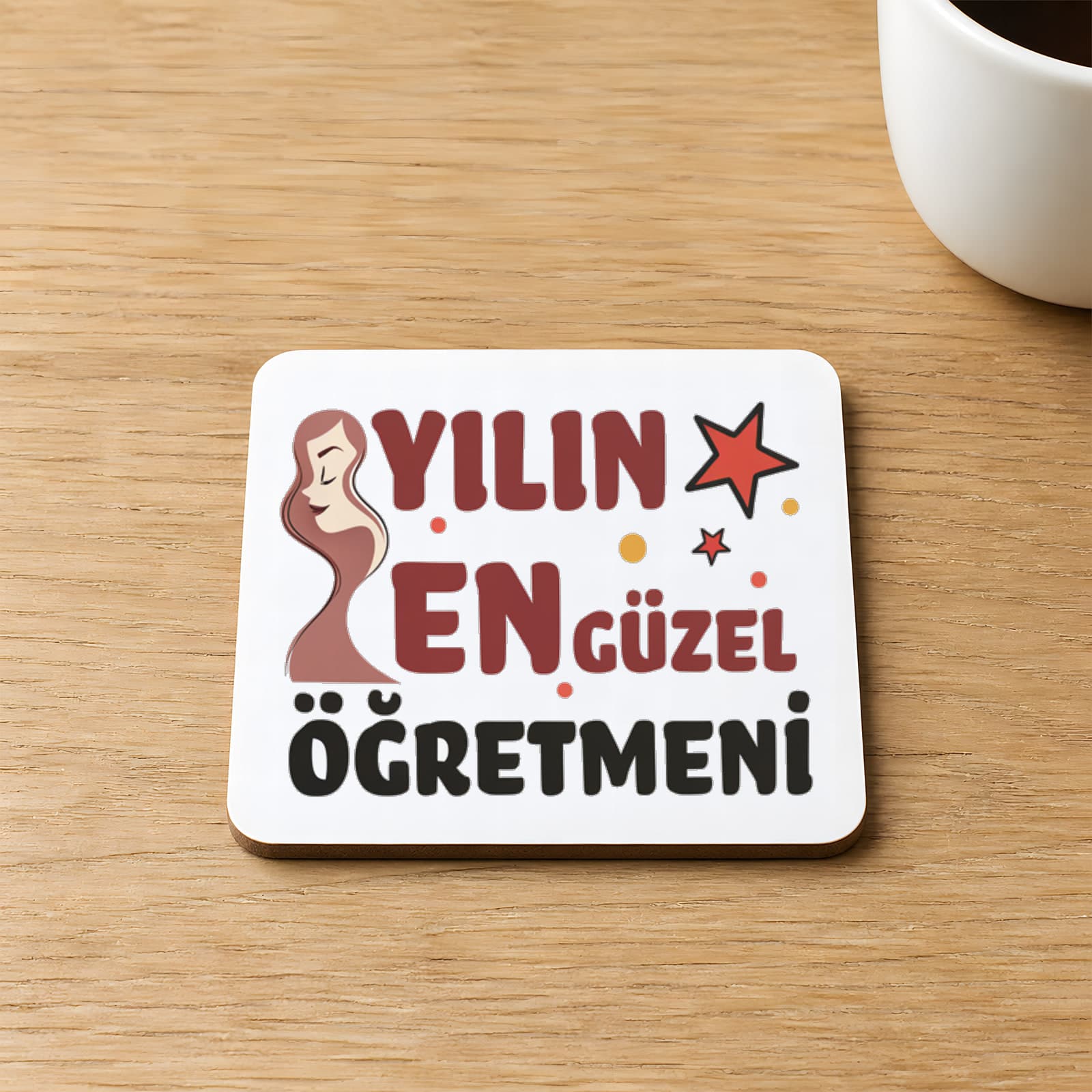 Yılın En Güzel Öğretmeni Baskılı 9x9 cm Kare MDF Bardak Altlığı - Öğretmene Hediye Ahşap