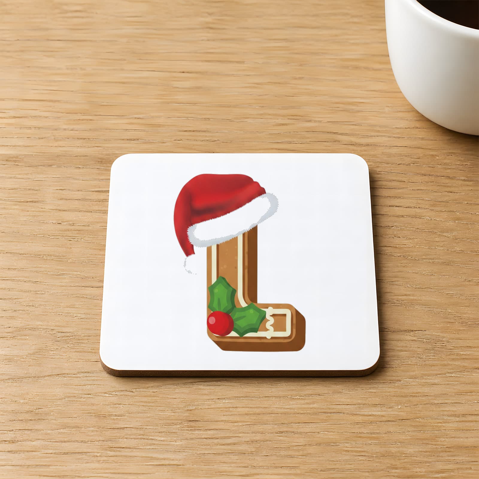 Kurabiye L Harfi Baskılı 9x9 cm Kare MDF Bardak Altlığı Ahşap