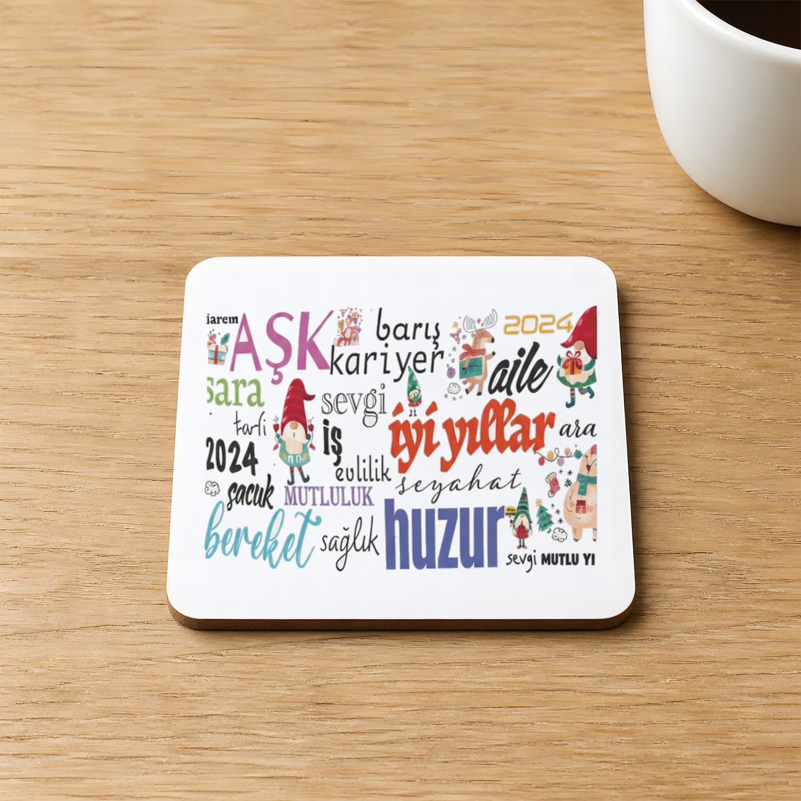 Dilekler Baskılı 9x9 cm Kare MDF Bardak Altlığı Ahşap