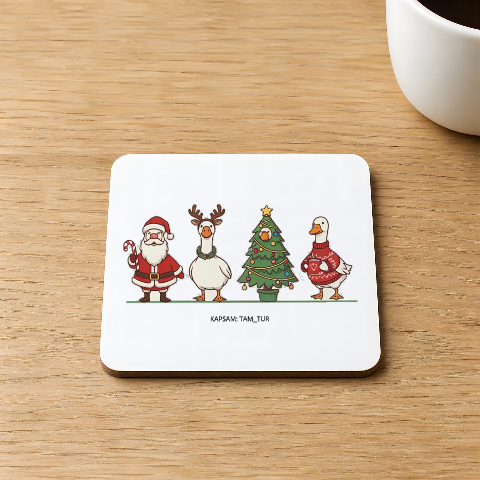 Dörtlü Kaz Baskılı 9x9 cm Kare MDF Bardak Altlığı Ahşap