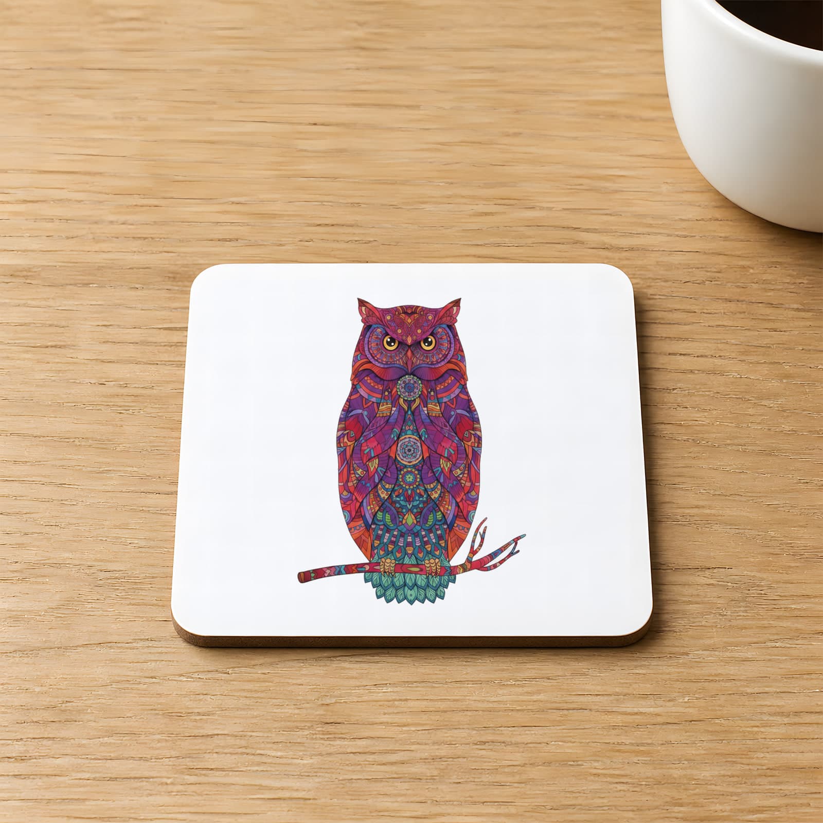 Renkli Baykuş Baskılı 9x9 cm Kare MDF Bardak Altlığı Ahşap