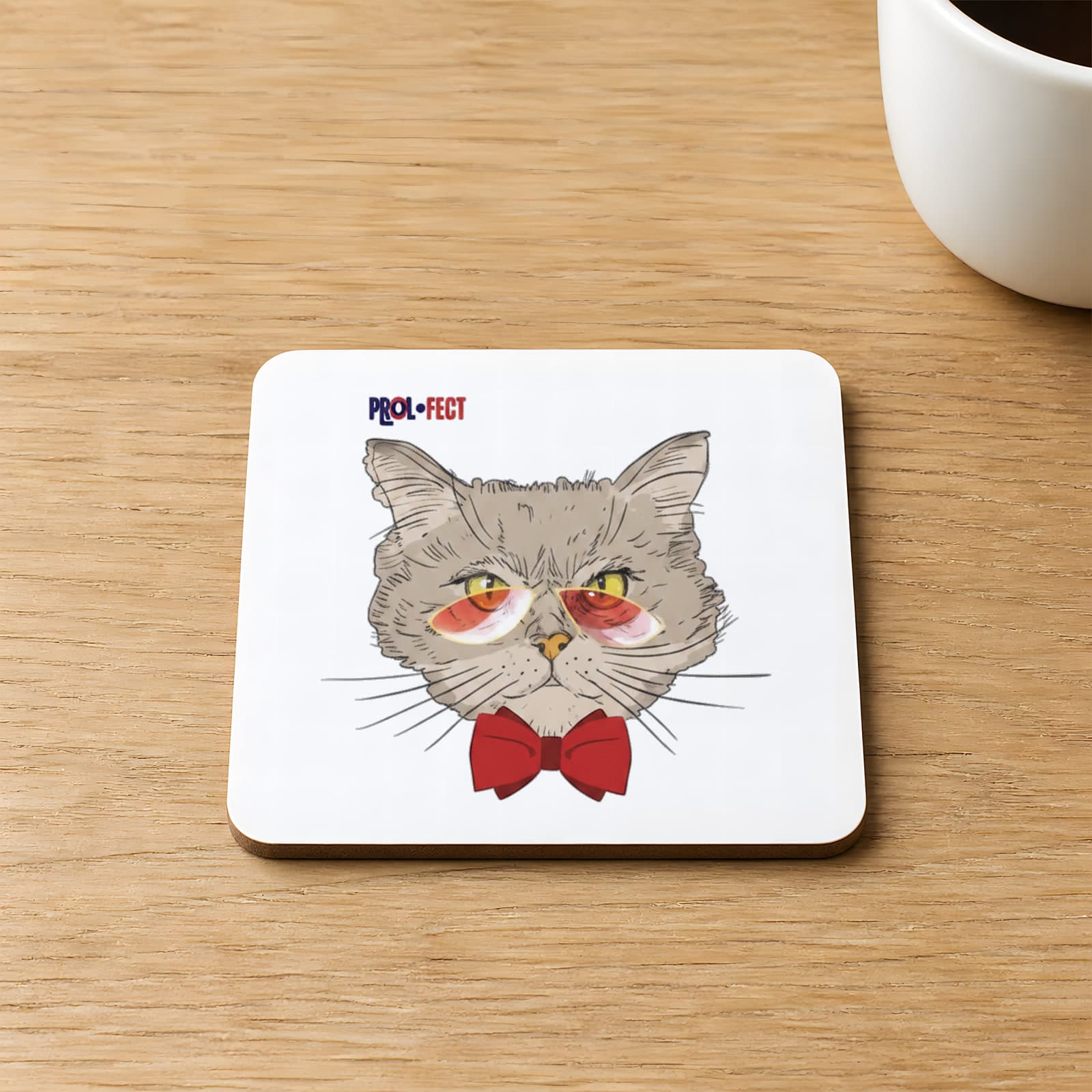 Gözlüklü Kırmızı Papyonlu Kedi Baskılı 9x9 cm Kare MDF Bardak Altlığı Ahşap