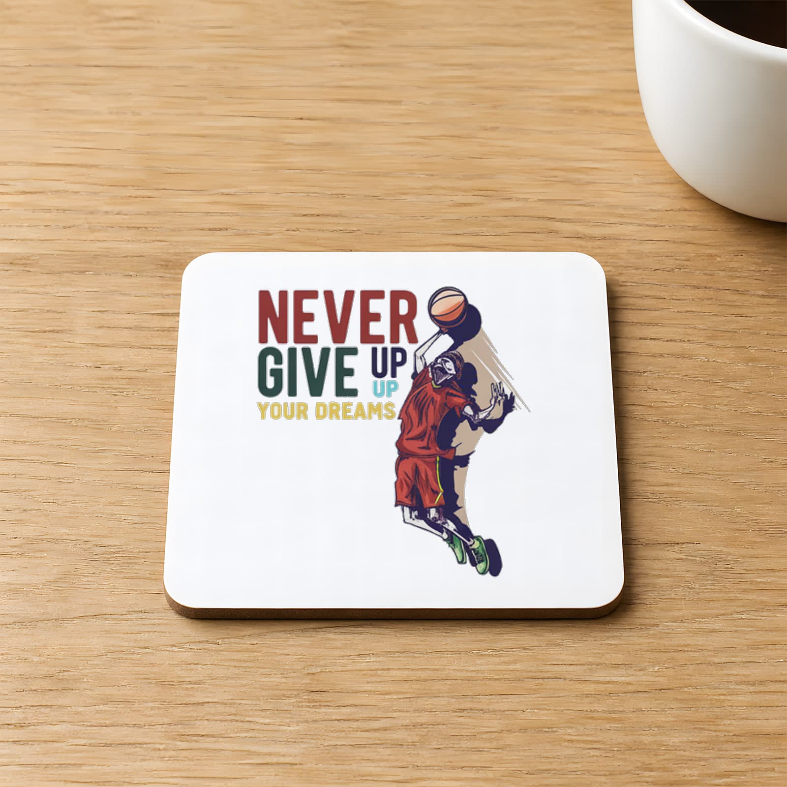 Nevergiveup Basketball Baskılı 9x9 cm Kare MDF Bardak Altlığı Ahşap