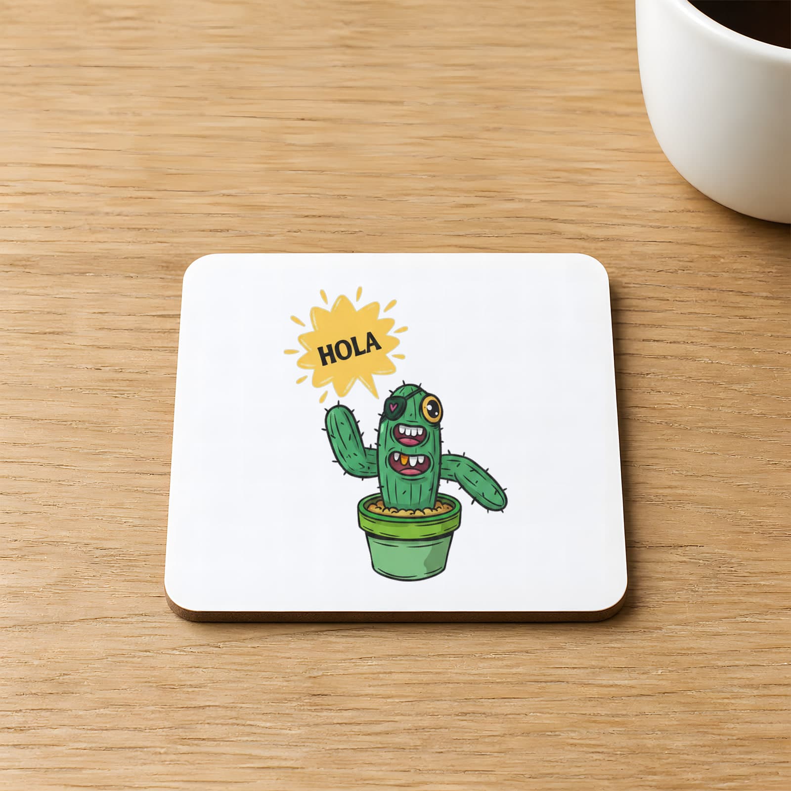 Hola Kaktüs Baskılı 9x9 cm Kare MDF Bardak Altlığı Ahşap