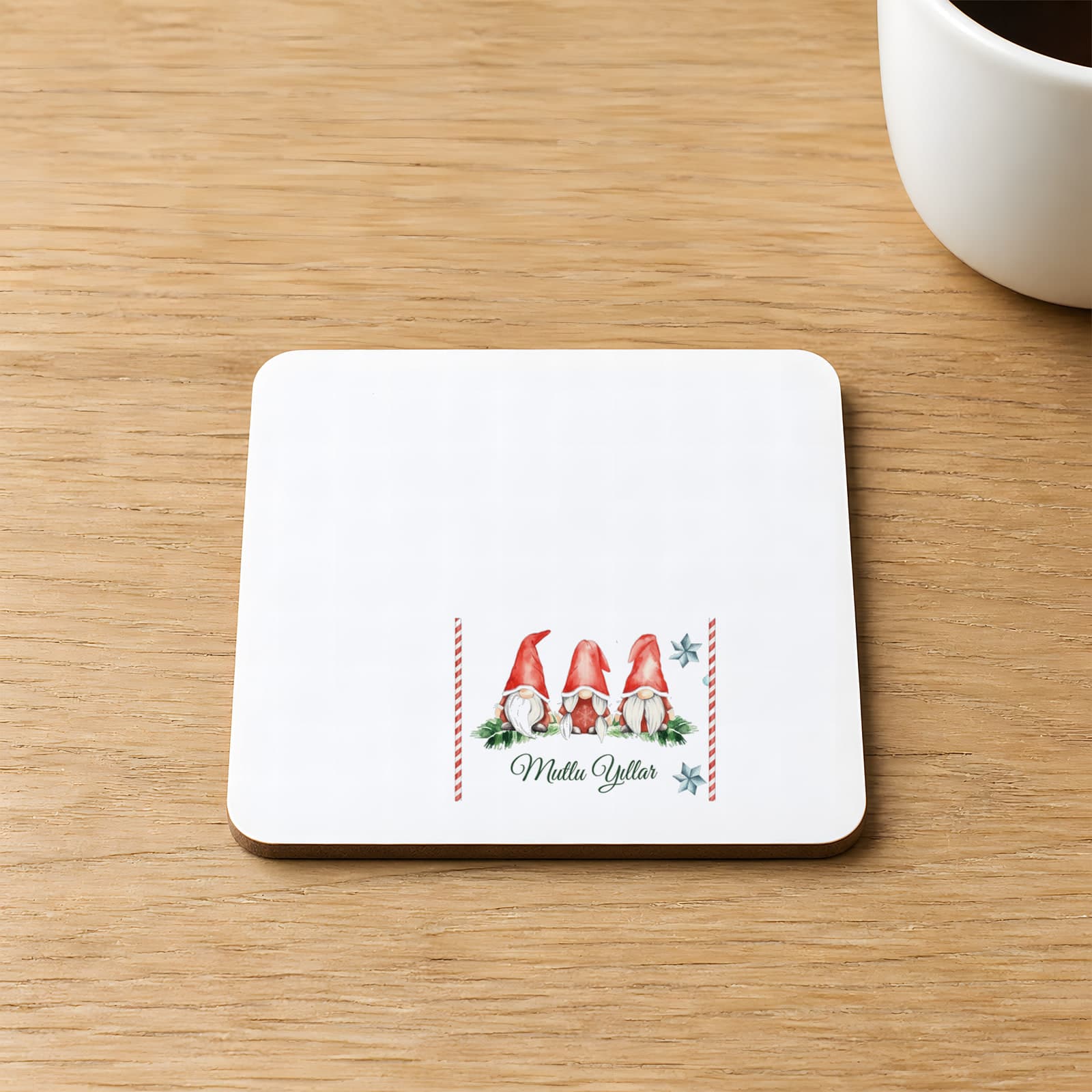 Mutlu Yıllar 3 Noel Baba Baskılı 9x9 cm Kare MDF Bardak Altlığı - Babaya Hediye Ahşap
