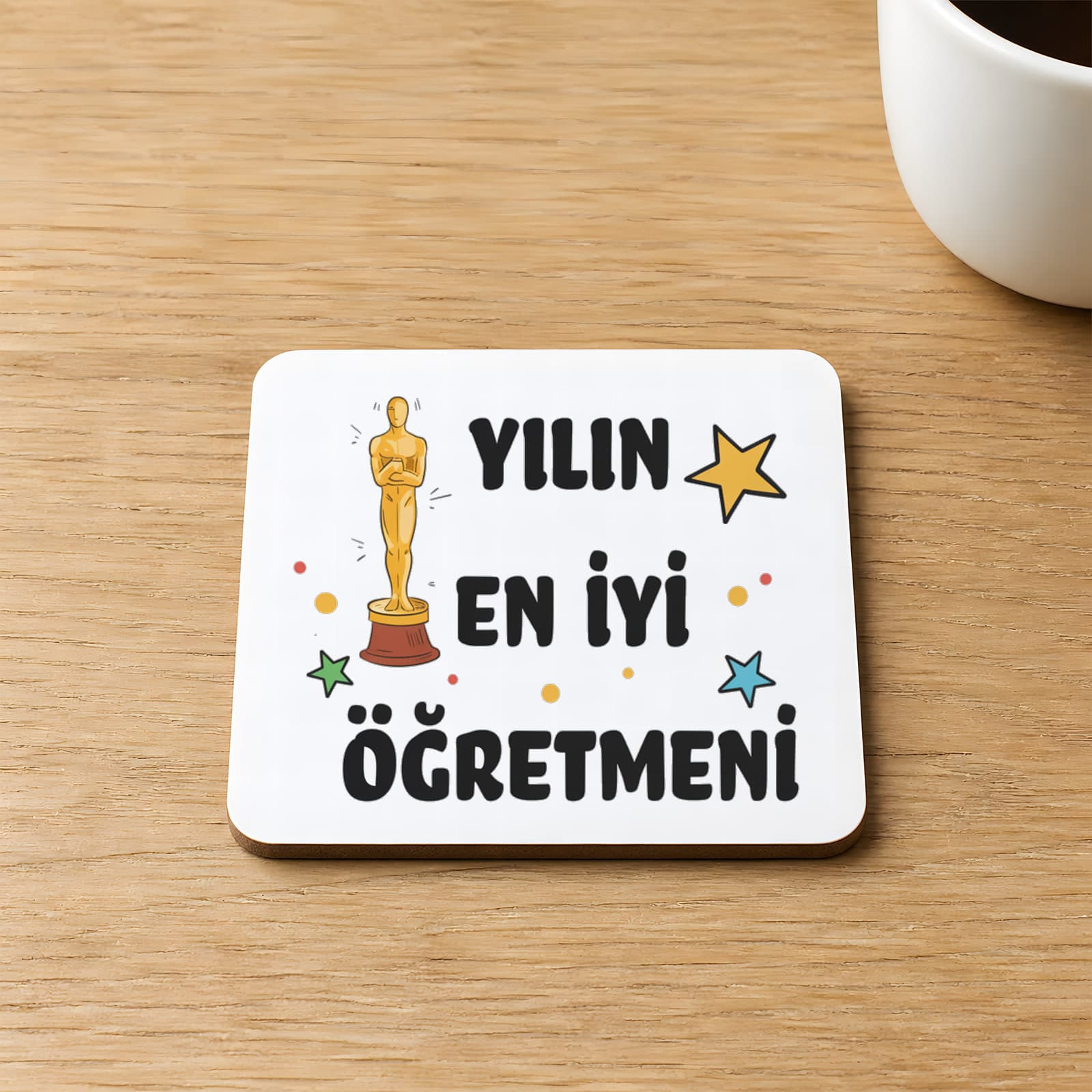 Yılın En İyi Öğretmeni Baskılı 9x9 cm Kare MDF Bardak Altlığı - Öğretmene Hediye Ahşap