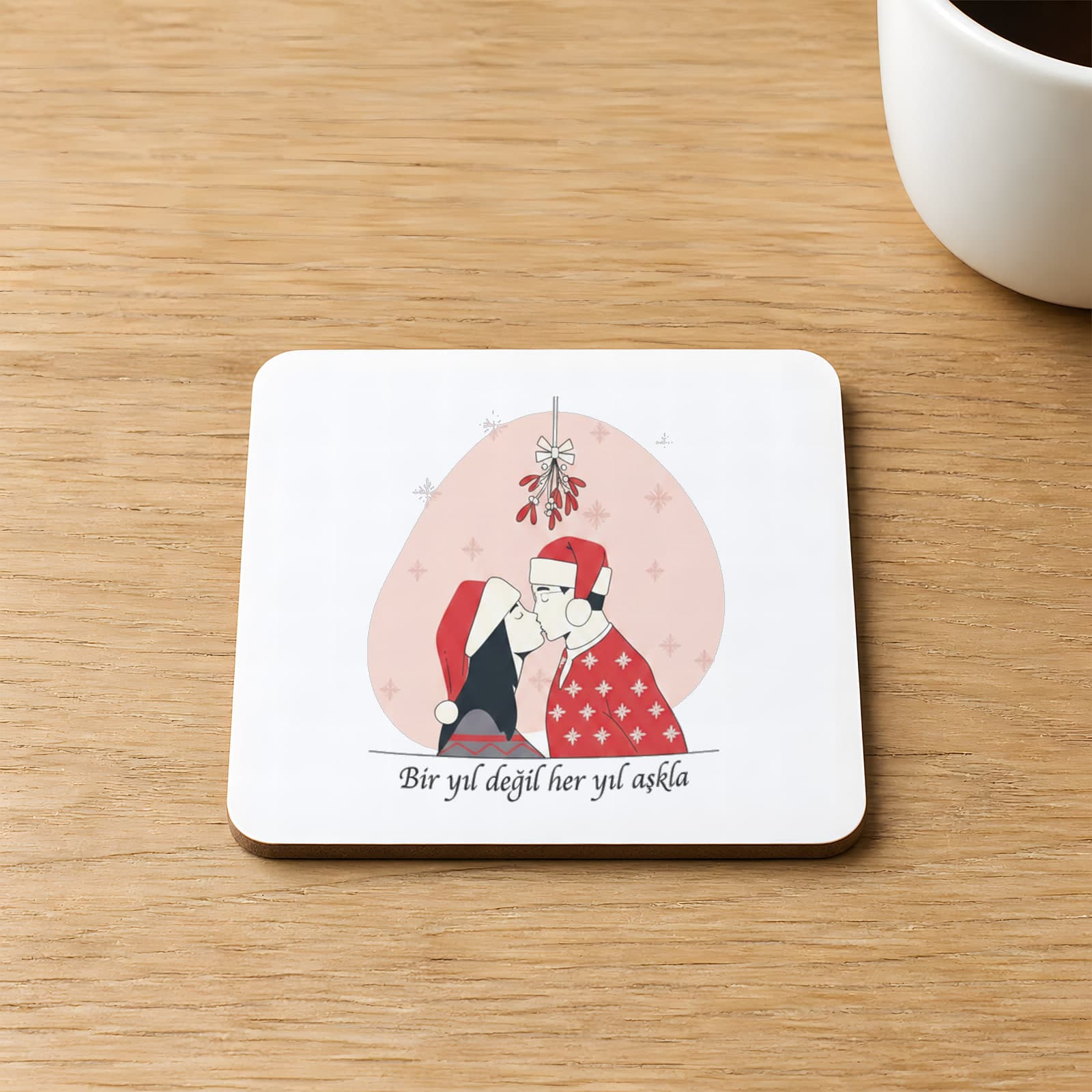 Bir Yıl Değil Her Yıl Aşkla Baskılı 9x9 cm Kare MDF Bardak Altlığı - Sevgiliye Hediye Ahşap