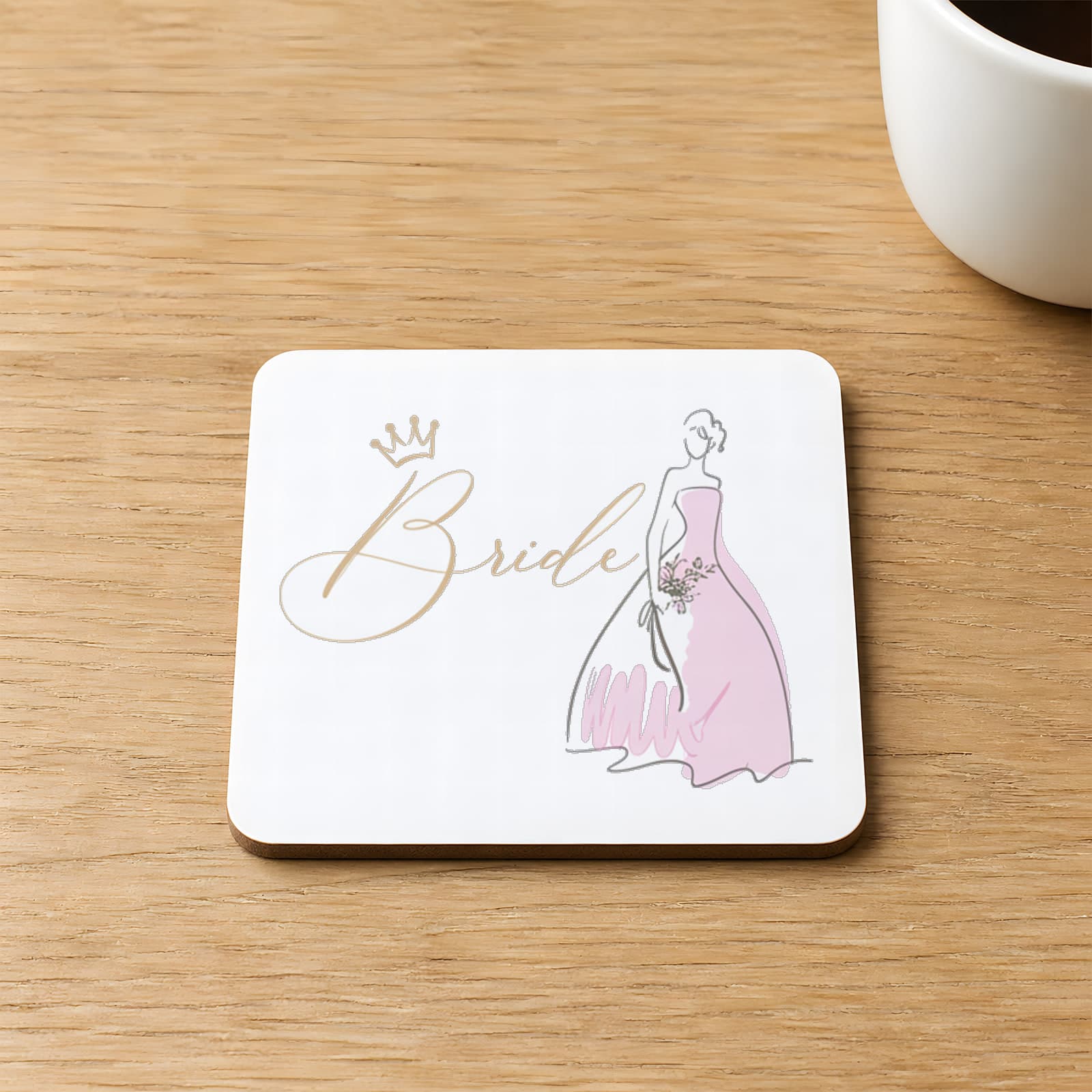 Bride Pembe Gelin Baskılı 9x9 cm Kare MDF Bardak Altlığı Ahşap
