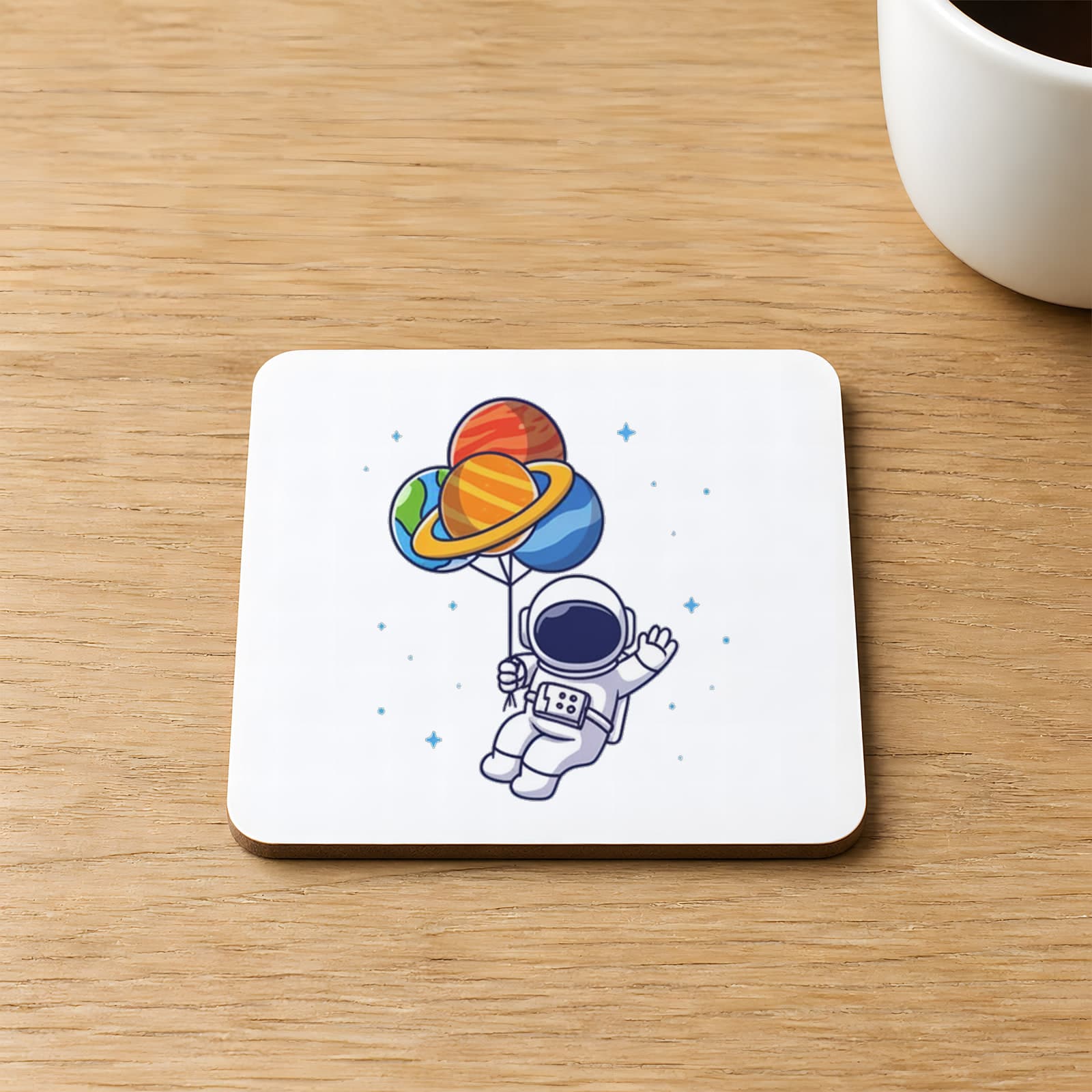 Selam Astronot Baskılı 9x9 cm Kare MDF Bardak Altlığı Ahşap